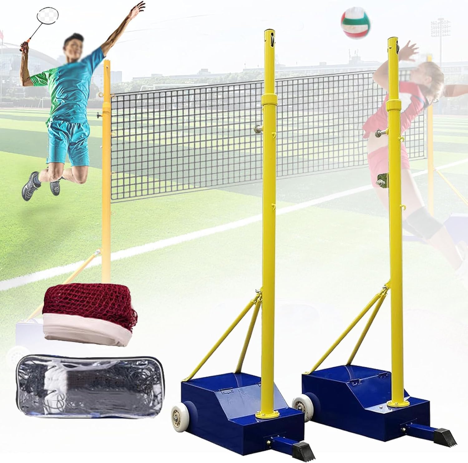 Portable Volleyball Set with Adjustable Net and Wheels - Heavy Duty Volleyball Pole for Backyard and Outdoor Play, Perfect for Adults and Youth