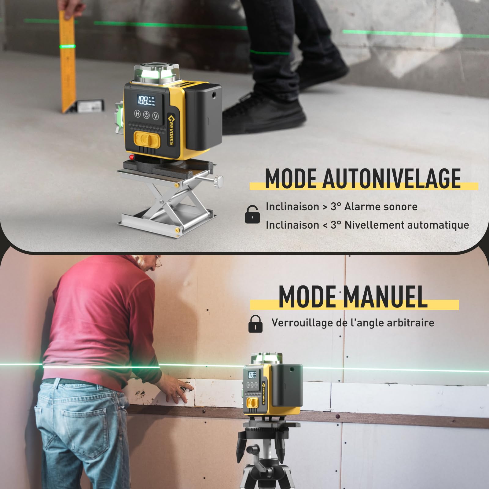 Geevorks Niveau Laser 360 Autonivelant, 4D 16 Lignes Autonivelant, Portée 25m avec Trépied 1.2m, 2x2400mAh Batteries, IP54 avec Télécommande & Support Mural