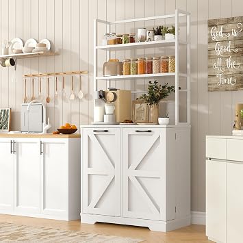 Kitchen Bakers Rack with Storage, 68'' Tall 6 Tier Farmhouse Pantry Cabinet with Trash Bin Cabinet, Microwave Stand Kitchen Cabinet with Hutch,White