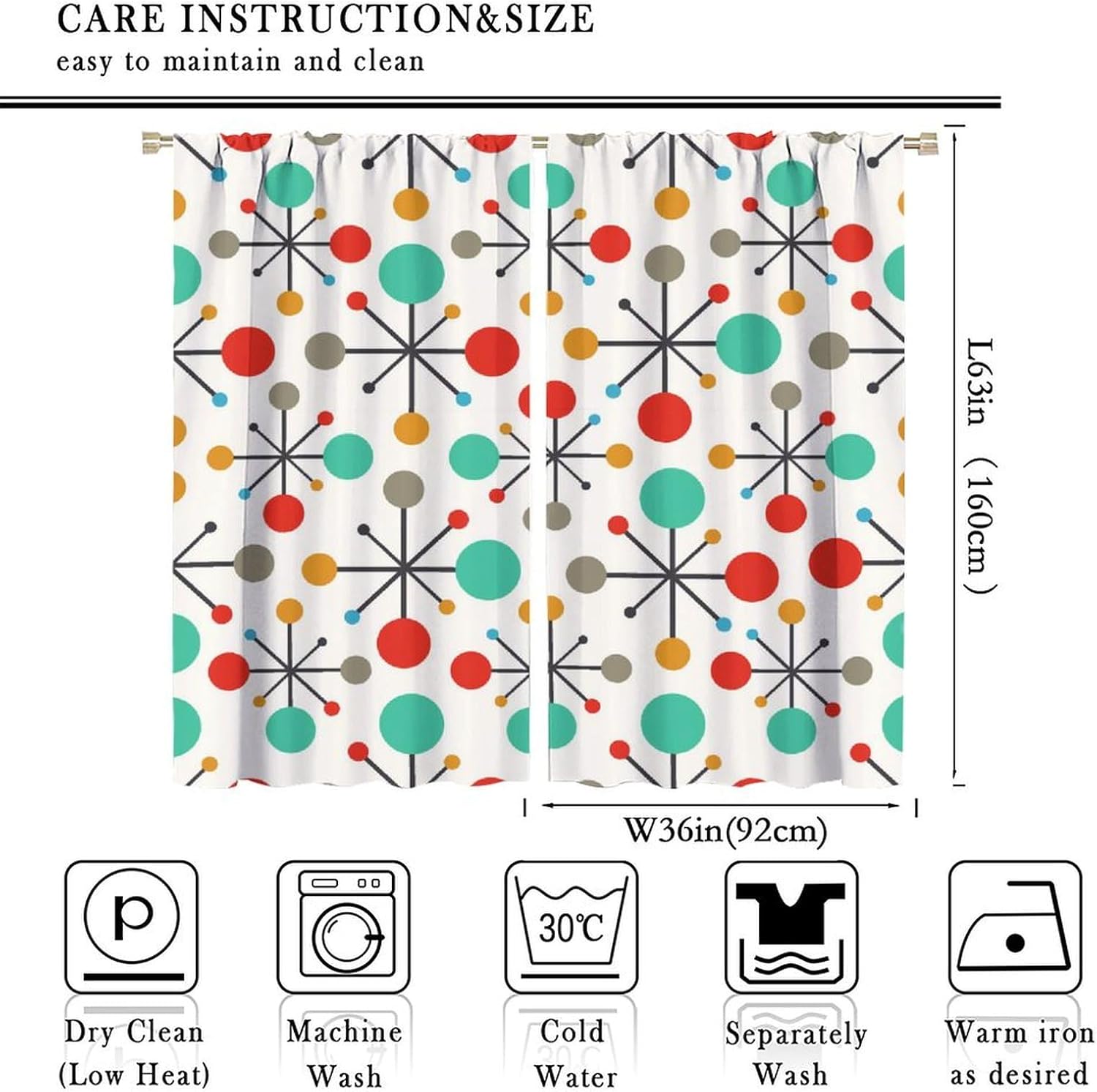 Mid Century Curtains, Modern Atomic Starburst Abstract Geometric Pattern Window Treatments for Bedroom Living Room,1950s 1960s Vintage Blackout Drapes 2 Panel Sets,72x63 Inch