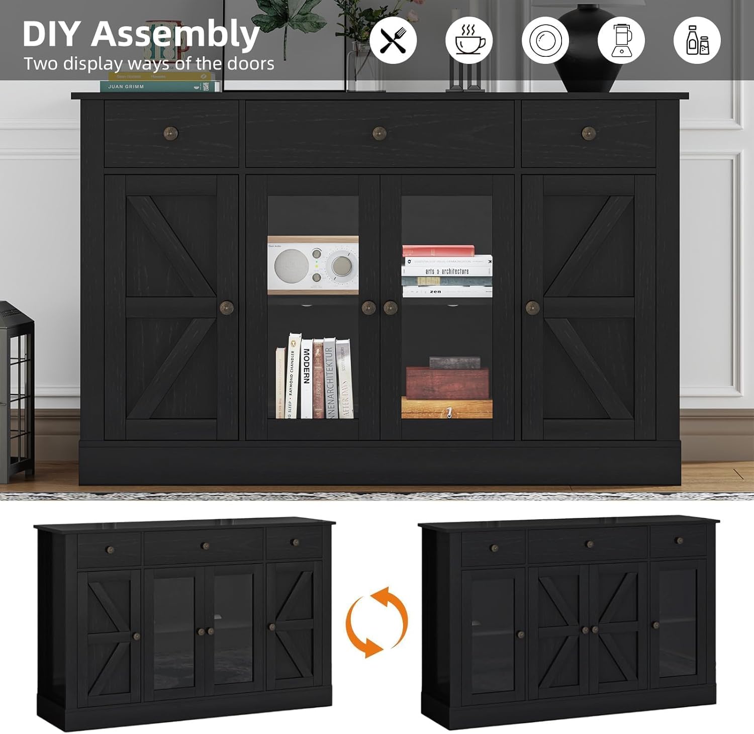 4 EVER WINNER 55" Large Coffee Bar Cabinet with 4 Doors and 3 Drawers, Farmhouse Coffee Bar with Plexiglass Doors, Buffet Cabinet with Storage & Adjustable Shelves for Kitchen, Dining Room, Black