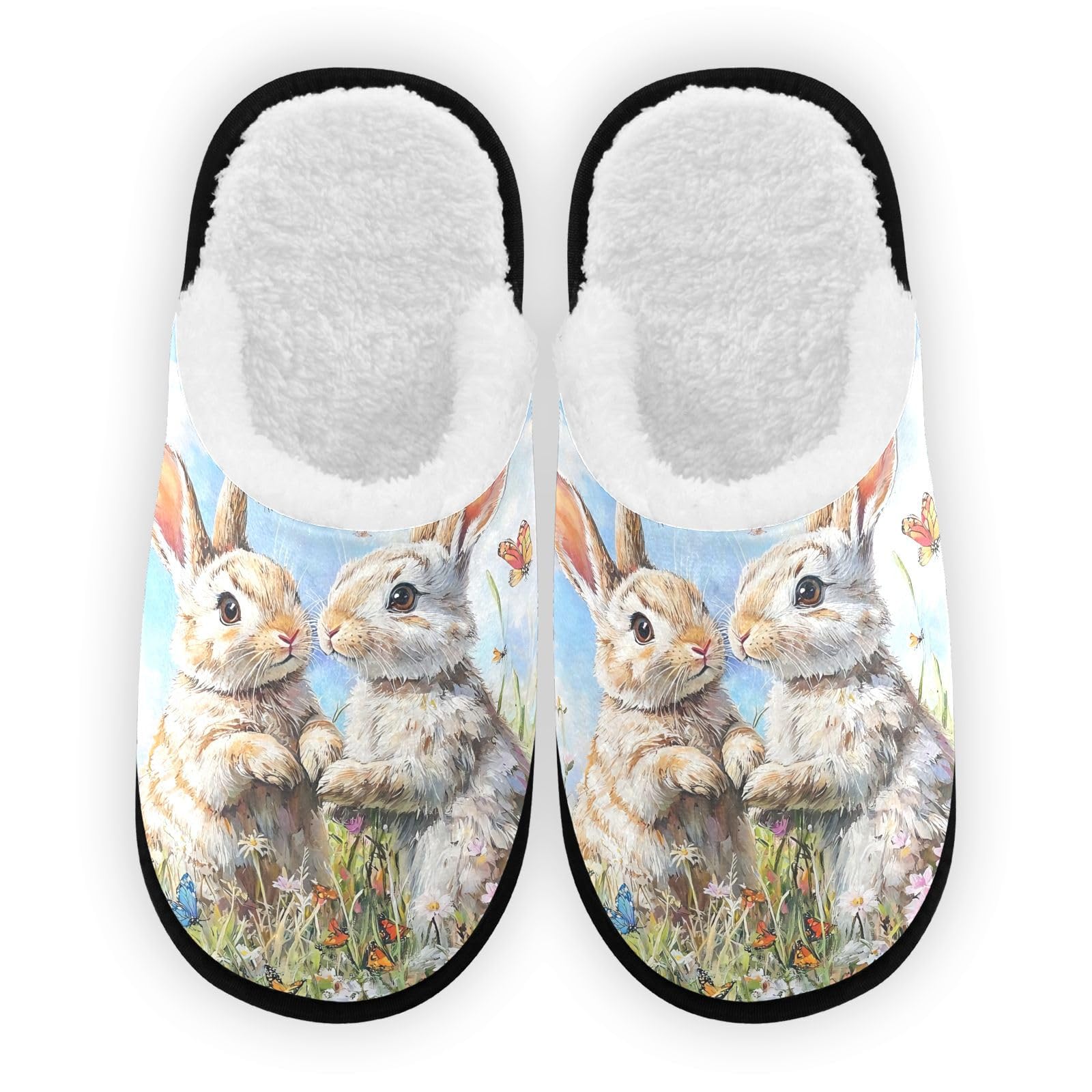 SPRIPORT Oil Painting Easter Cute Rabbits White Soft Fabric Spa Slippers for Women Men Washable Reusable Guest House Slippers with Non Slip Soles Indoor Slippers for Hotel Travel Indoor Bedroom M