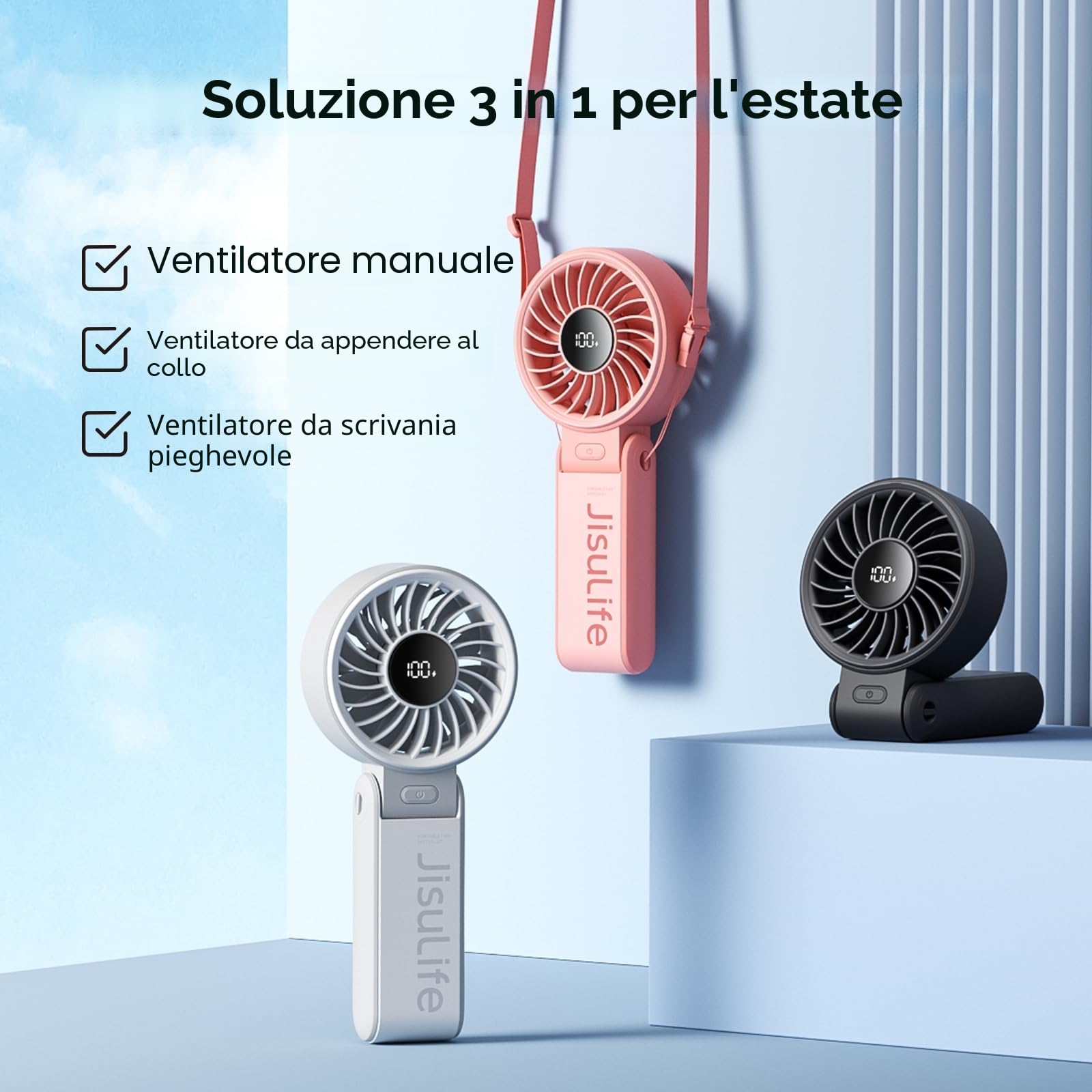 JISULIFE Ventilatore portatile, potente ventilatore portatile con display LED, massimo 19,5 ore, 5000 mAh, 3 in 1 mano/scrivania/collo ventilatore, mini ventilatore da viaggio (nero)