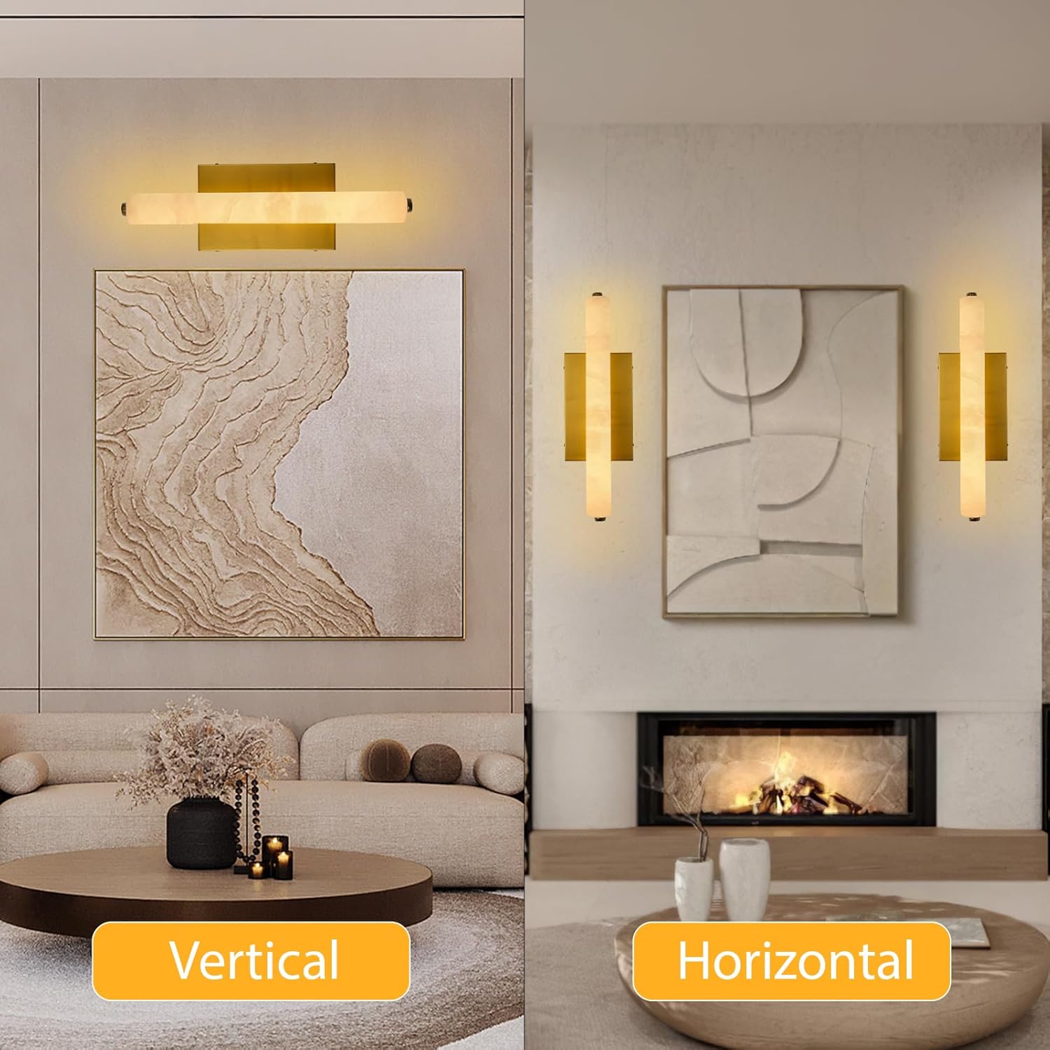 Alabaster Wall Sconces, 15in Brass Alabaster Sconce, Modern Spanish Natural Marble Sconces Lights, Rectangle Gold Sconces for Bathroom Vanity Bedroom Living Room Staircases Hallway