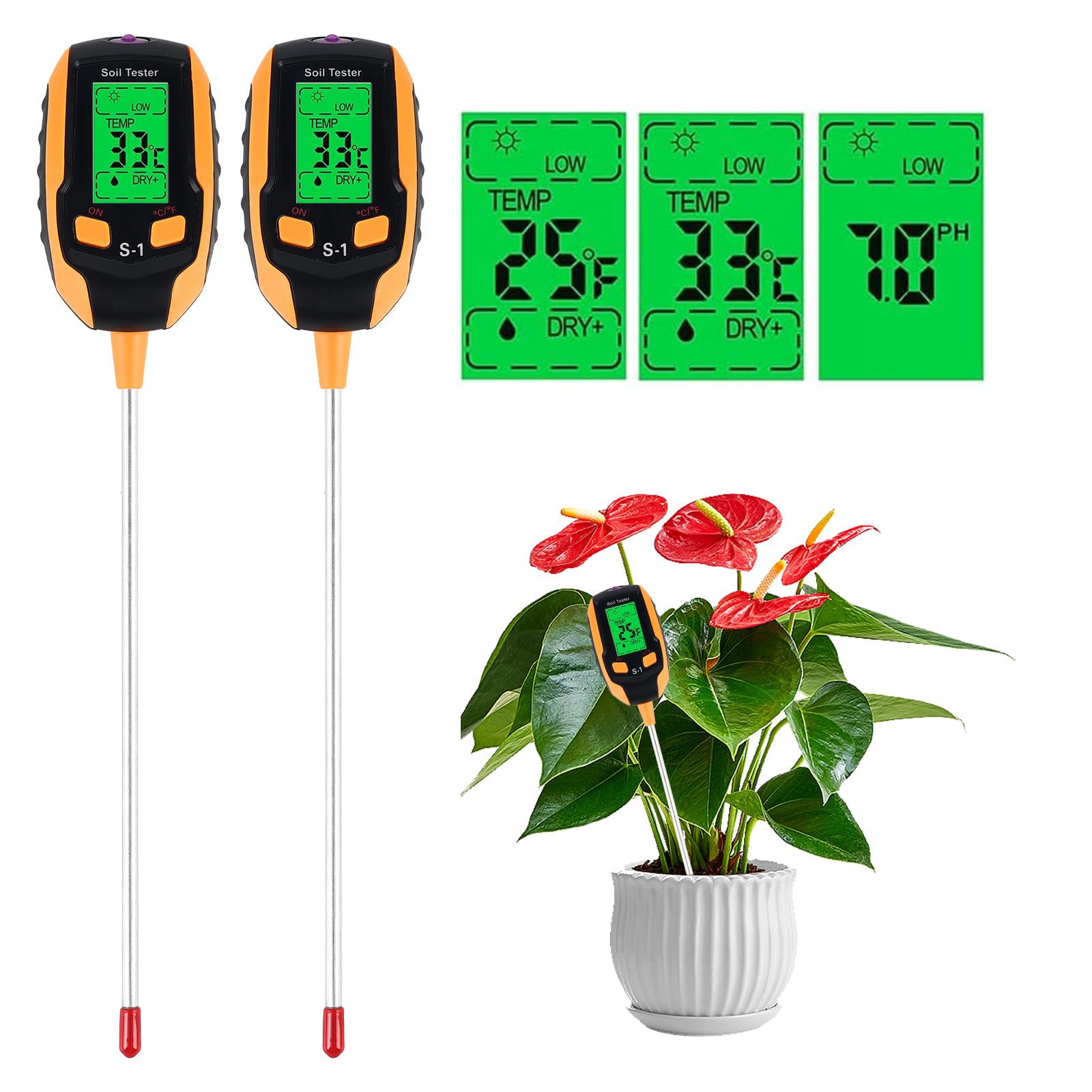 2PCS 5-in-1 Soil Tester Moisture Meter, Test Soil Humidity/Soil Moisture/Ambient Illumination/Soil PH, Soil Tester Hygrometer Sensor for Garden Plant Flower Lawn Care Farming Outdoor Use