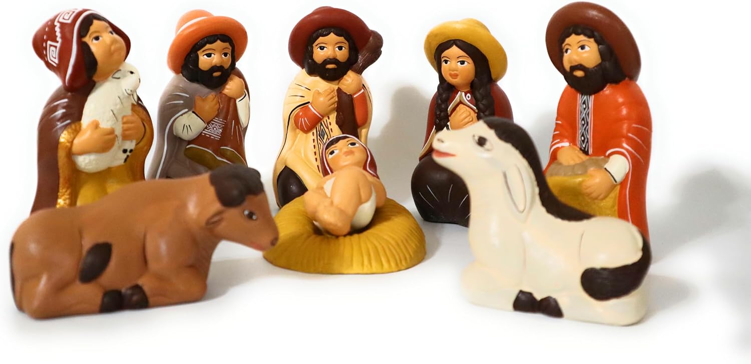 Nativity Set Christmas Decor Ceramic Terracotta Colors, Peruvian Handmade Pottery Folk Art Nacimiento Small Scene 5" Tall Set of 8 Pieces.