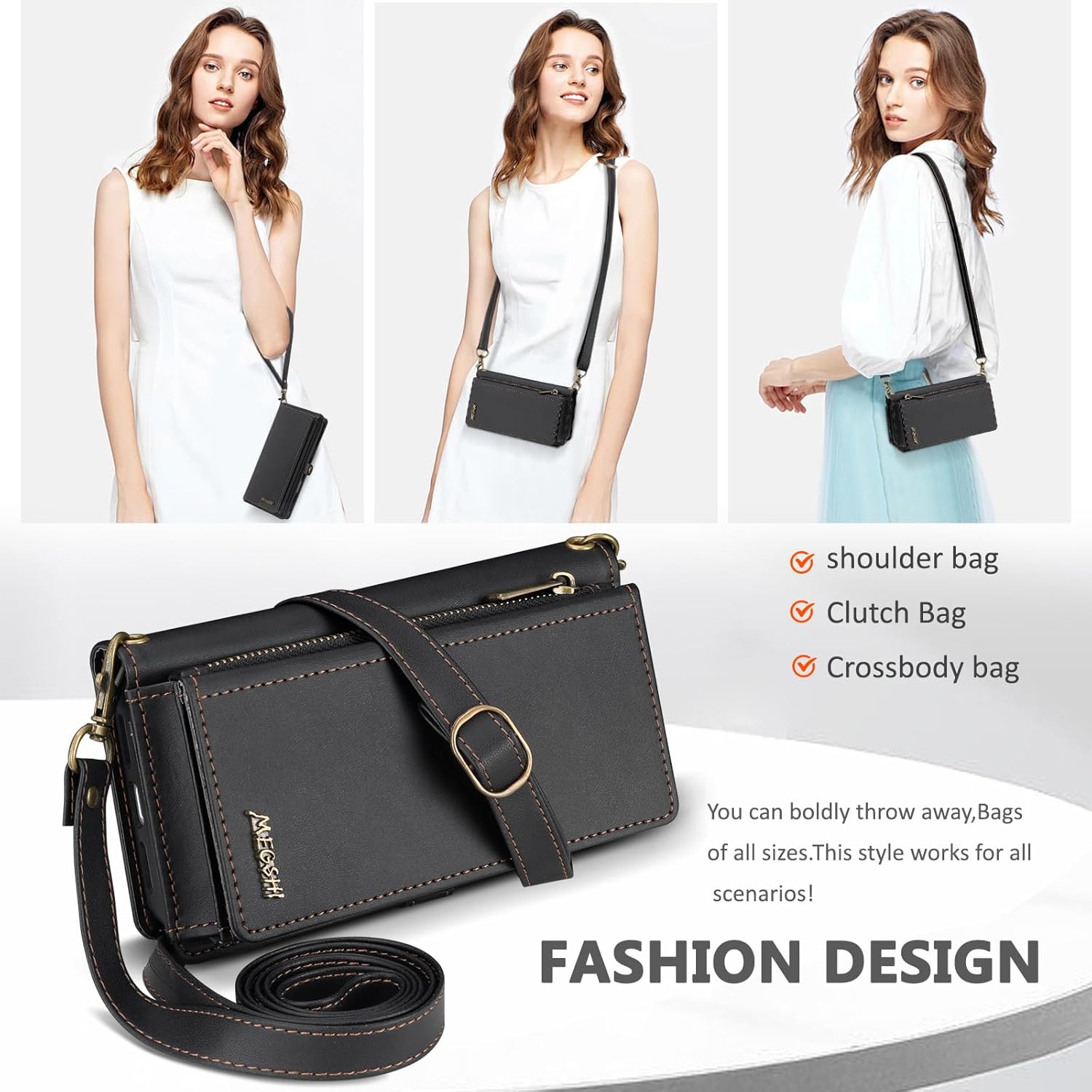 for iPhone 14 Wallet Case, Detachable Magnetic Phone Case,Faux Leather Strap Wallet,with RFID Blocking,Zipper Card Holder,Shoulder Straps (Black)