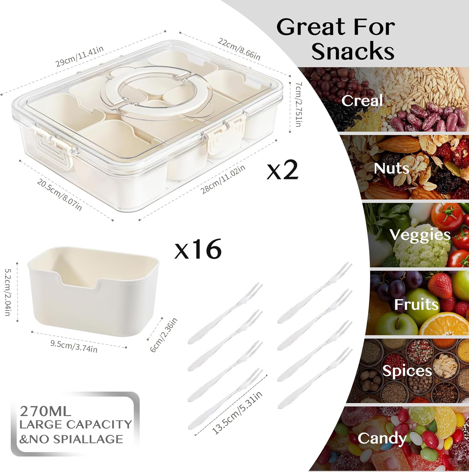 Dunruz Snackle Box Container,Portable Snack Box 8 Compartment Divided Serving Tray with Lid,Clear Storage Organizer for Fruit Candy Nuts Veggie-Perfect for Road Travel Party (2 Pack-8 Compartments)