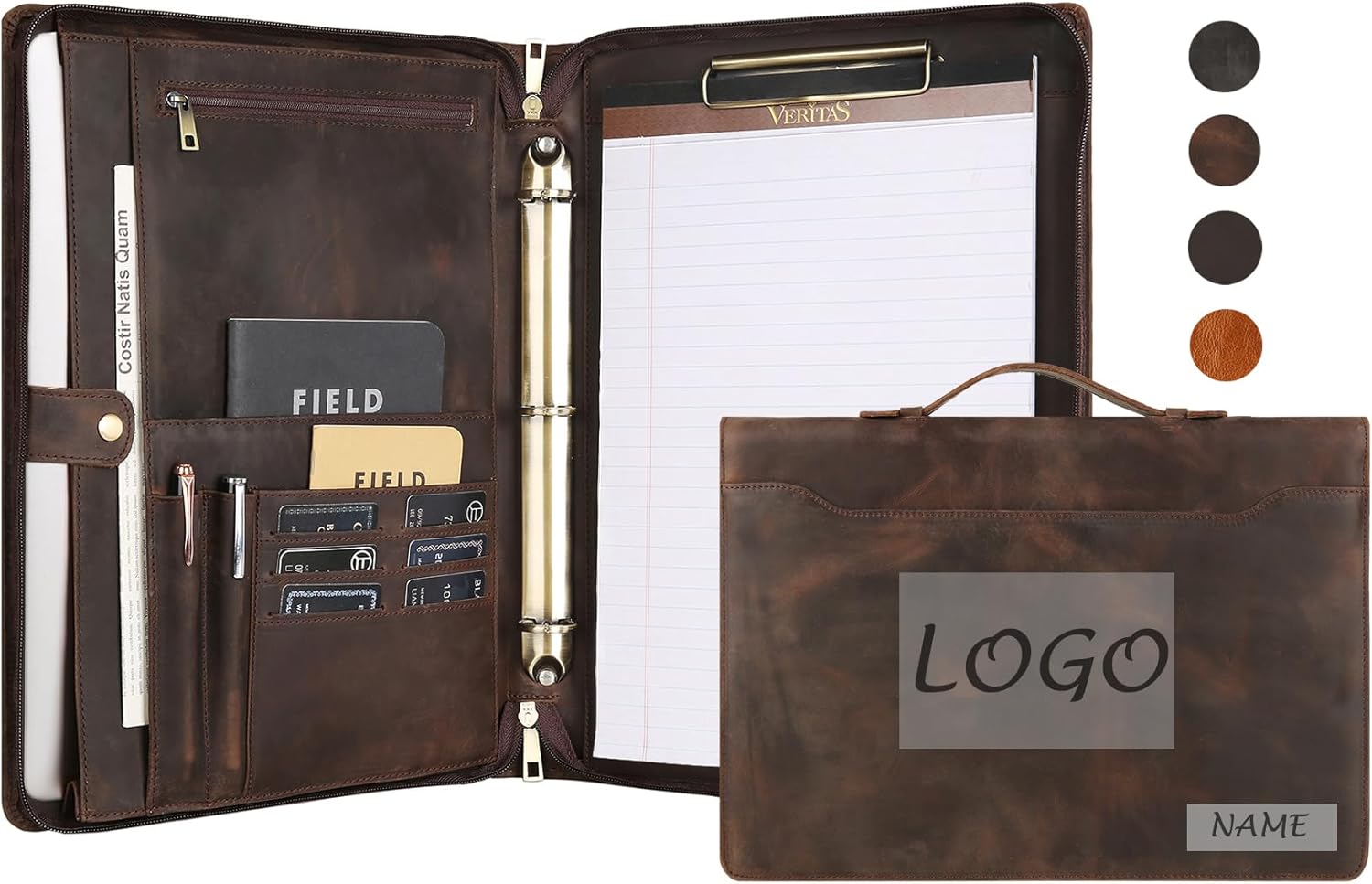 Personalized Padfolio for Men, 8.5 × 14” Legal Size Portfolio Organizer, Leather Binder 3 Ring, Leather Clipboard for Women, Leather Portfolio with Handle for 15-inch Laptop (Non-Custom. Dark Khaki)