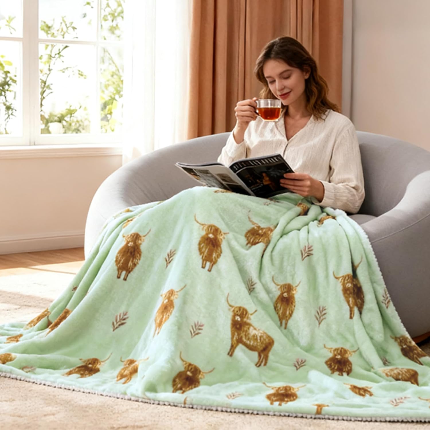 Reversible Highland Cow Blanket - 50x70 Inch, Soft Warm Sherpa Throw Blanket, Cute Farm Animal Design for Girls Kids Adults, Bedding Couch Travel Use - Image 4