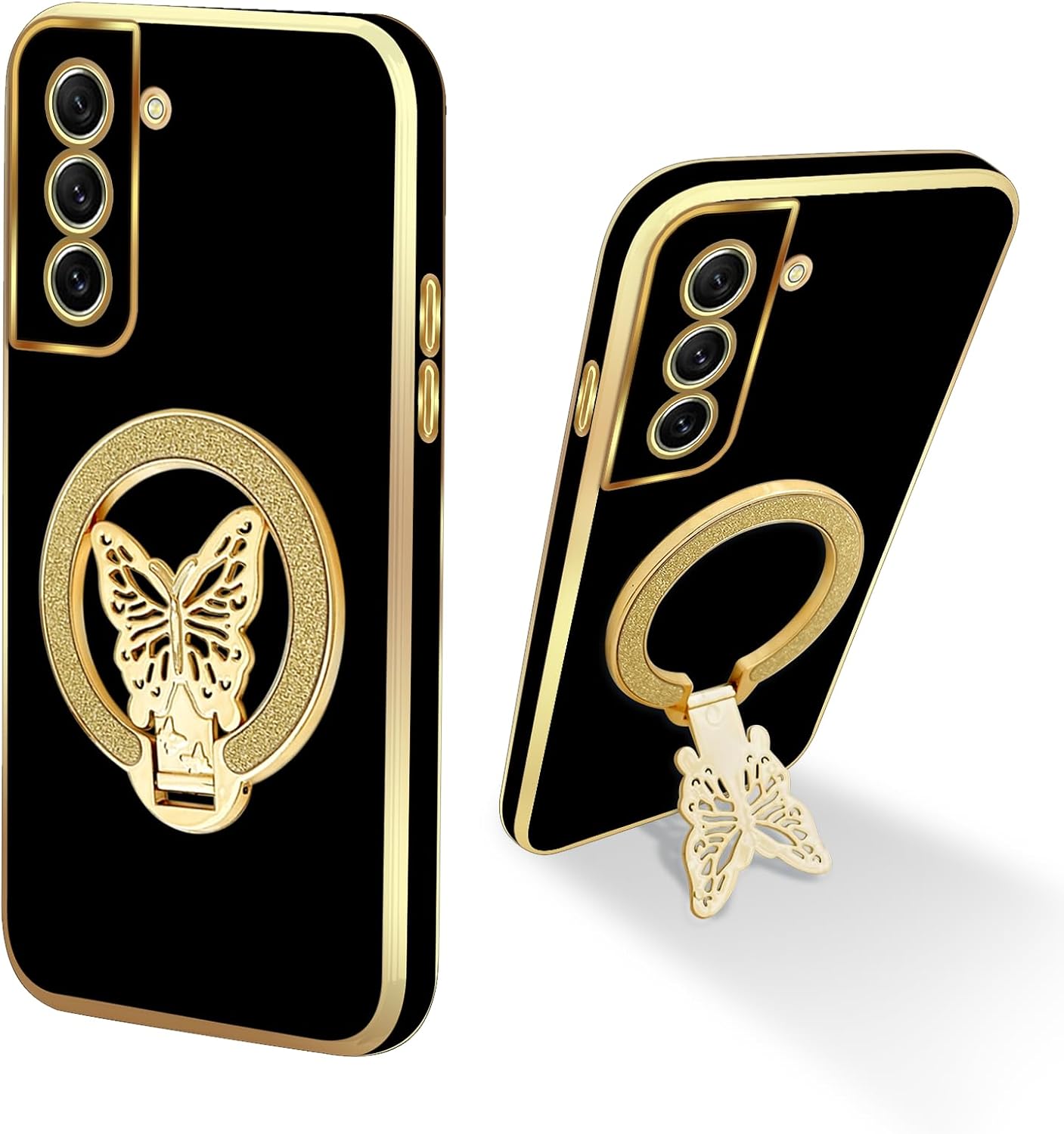 nancheng Compatible with Samsung Galaxy S21 FE Case for Women/Girls, Cute Butterfly Kickstand with Wrist Lanyard Shockproof Protective Phone Cover - Black