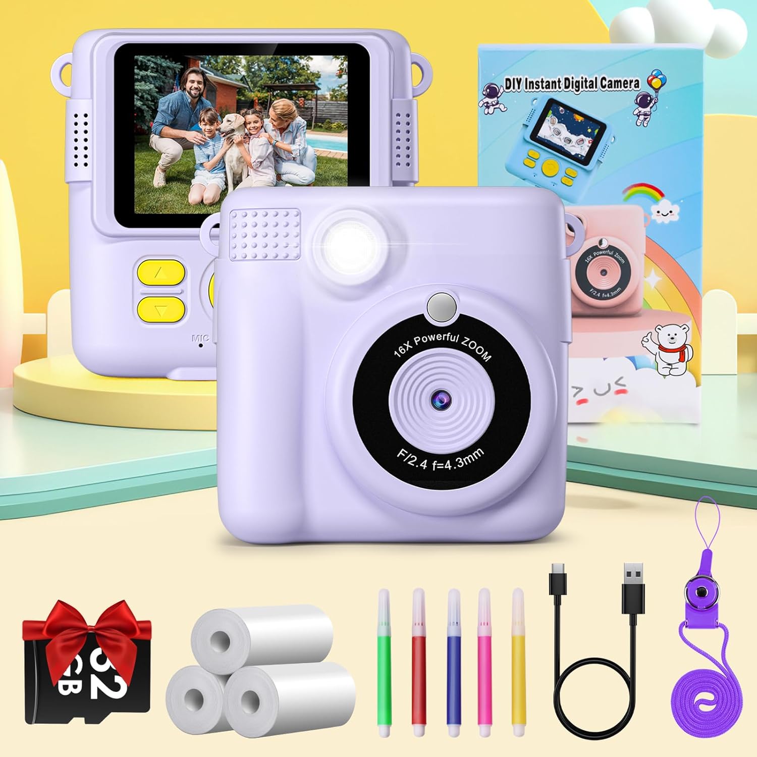 Image showing all included accessories for the GREENKINDER X6 Kids Instant Print Camera: the camera, 3 rolls of thermal paper, 5 color pens, a 32GB microSD card, a USB-C cable, and a lanyard.