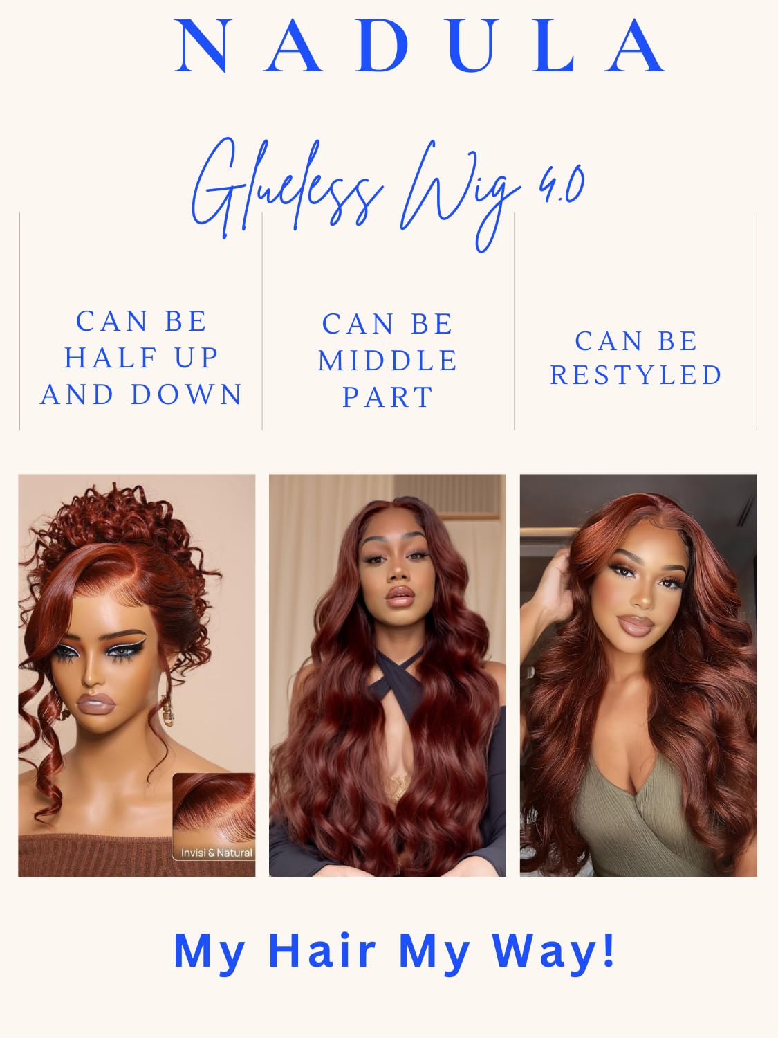 Nadula 7X5 No Slip Reddish Brown Body Wave Drawstring Wig Human Hair, Glueless Pre Cut Bye Bye Knots Lace Front Wig Pre Plucked Bleached Knots Ready to Go with Flexible Mesh Cap Fits All Head 18inch