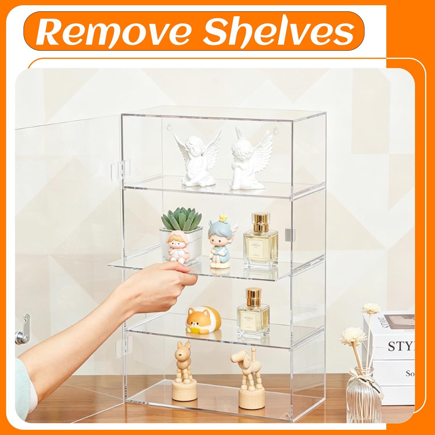Benvo 4-Tier Locking Acrylic Display Case| Wall Mount Clear Security Showcase with Movable Shelves | 11.8"x5.9"x15.7” Transparent Organizer for Collectibles Figure, Perfume, Retail, Office Samples