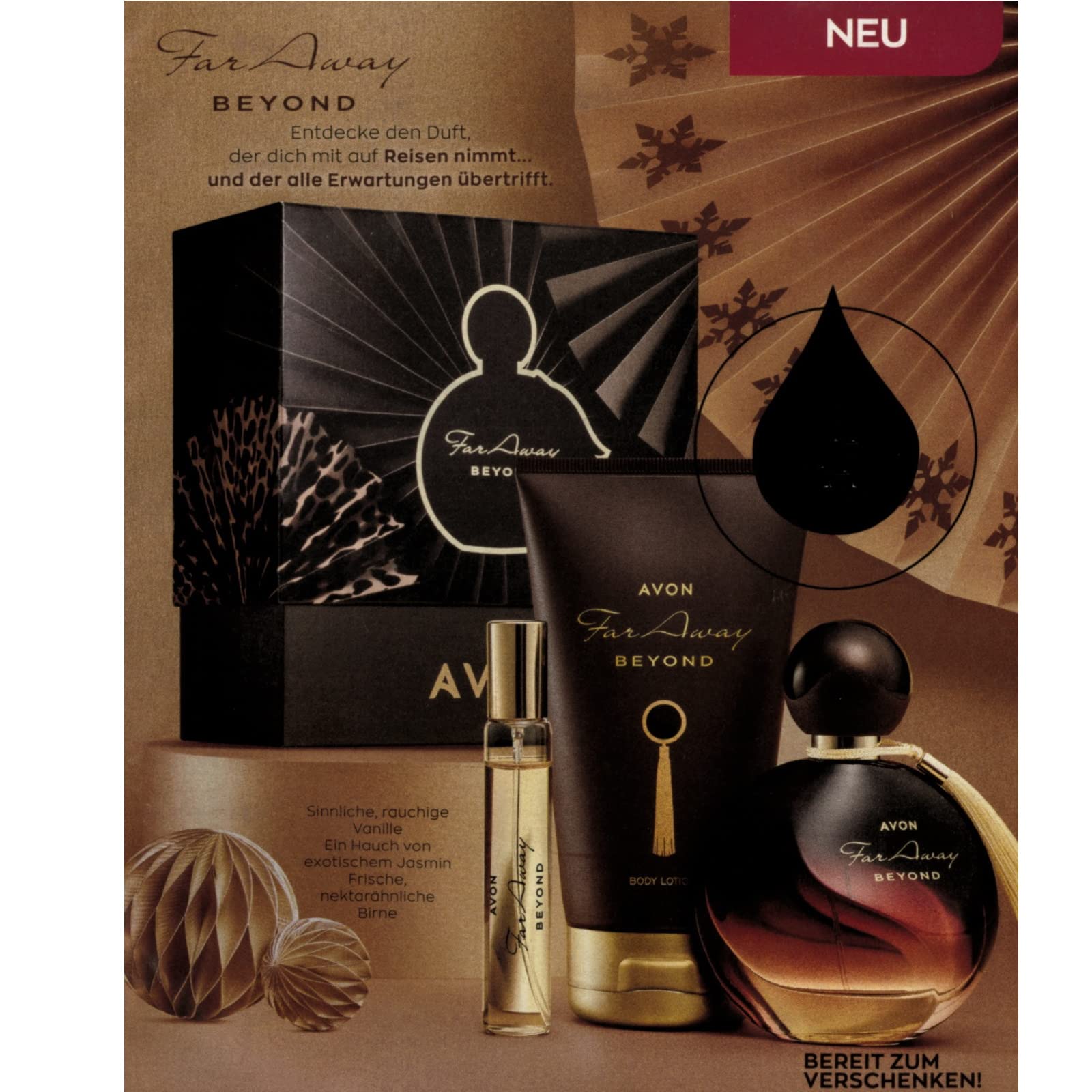 Avon Set Far Away Beyond Le Parfum 50ml + Körperlotion 150ml + Taschenspray 10ml+ Geschenkbox neuer Far Away Duft für Damen