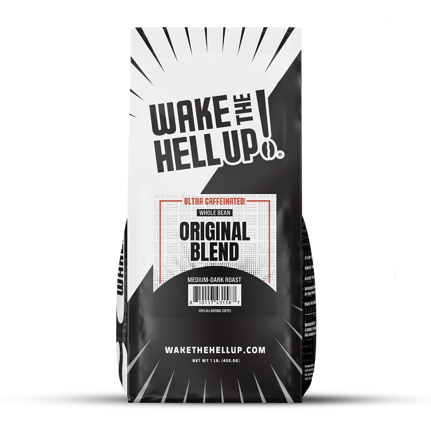 Wake The Hell Up! 1lb Ultra-Caffeinated Original Blend Whole Bean Coffee, Low Acid, Medium-Dark Roast