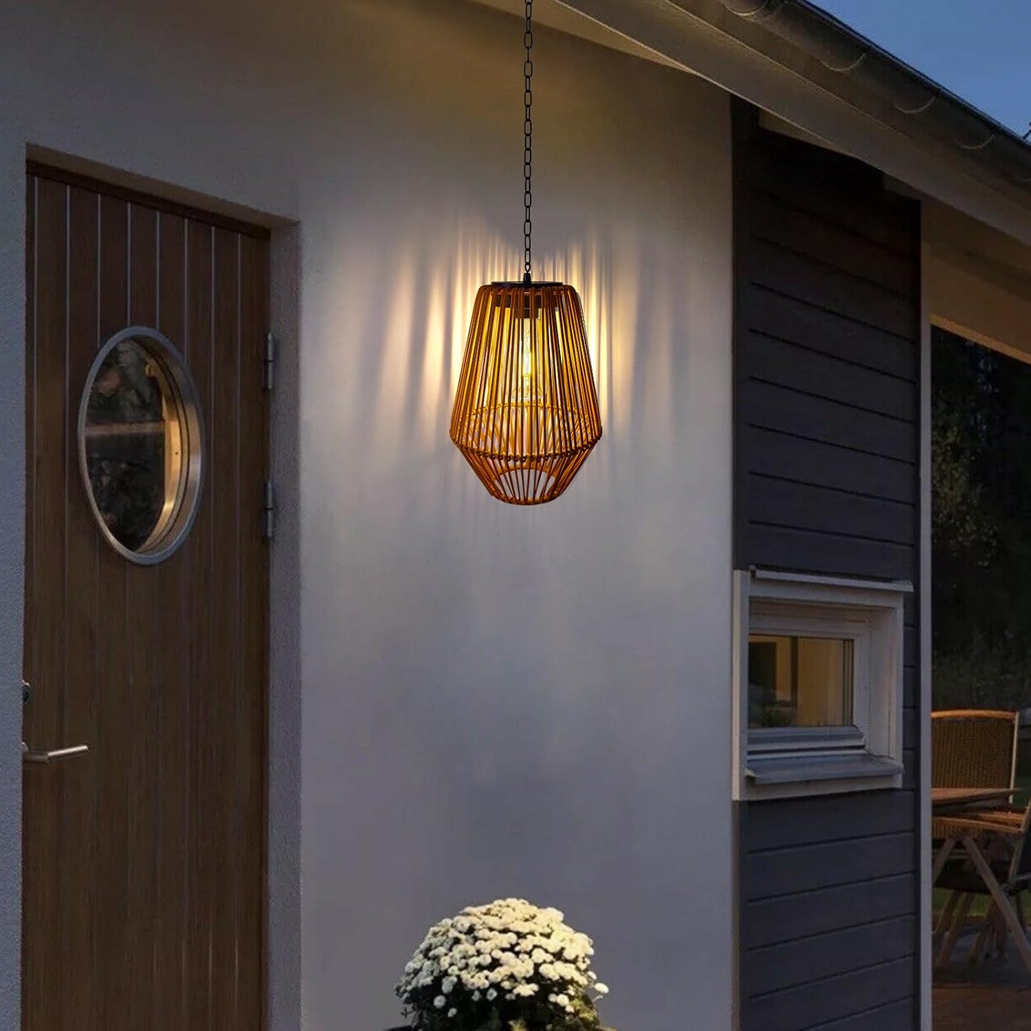 Livinlarge Rattan Solar Lantern Waterproof,Hanging Chandelier Lights Patio Porch Garden Farmhouse Decoration Rustic Handmade Outdoor Wicker Pendant Lamps