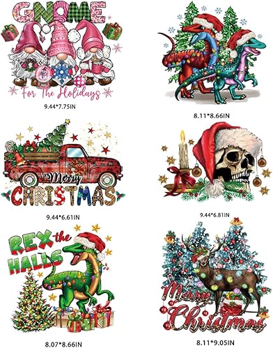 Miniatura 9 de 6 hojas de calcomanías de transferencia de calor para ropa, Papá Noel, parches para planchar, lindo árbol de Navidad, gnomo de alce, lavable,
