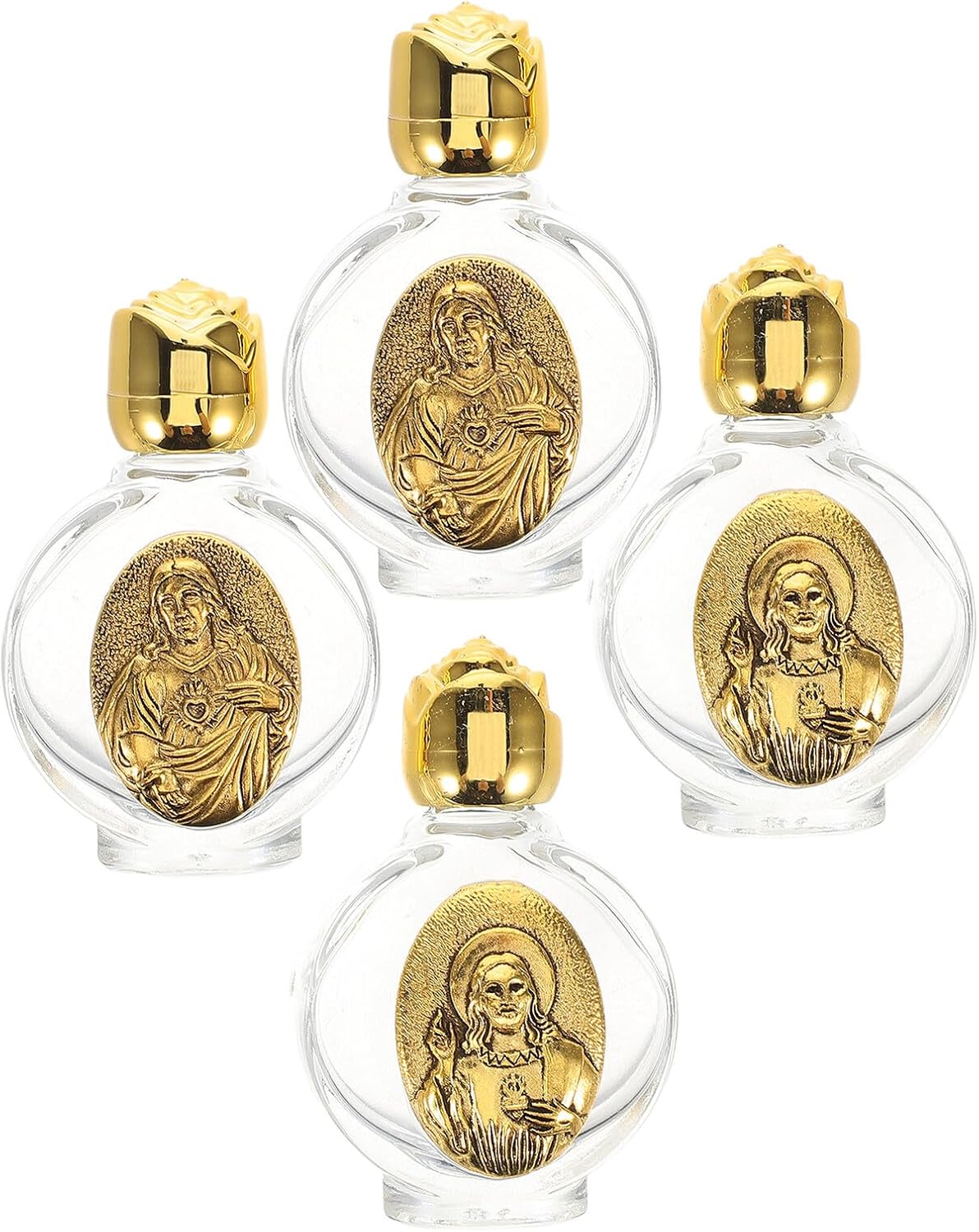Luxshiny Embossed Holy Water Bottles 4pcs Set, Refillable Glass Potion Containers with Rose Design, Portable Baptism and Religious Ritual Bottles for Travel and Wedding