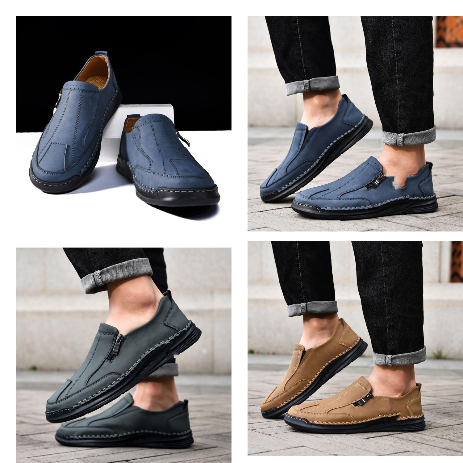 Mocasines casuales de cuero cosidos a mano para hombre