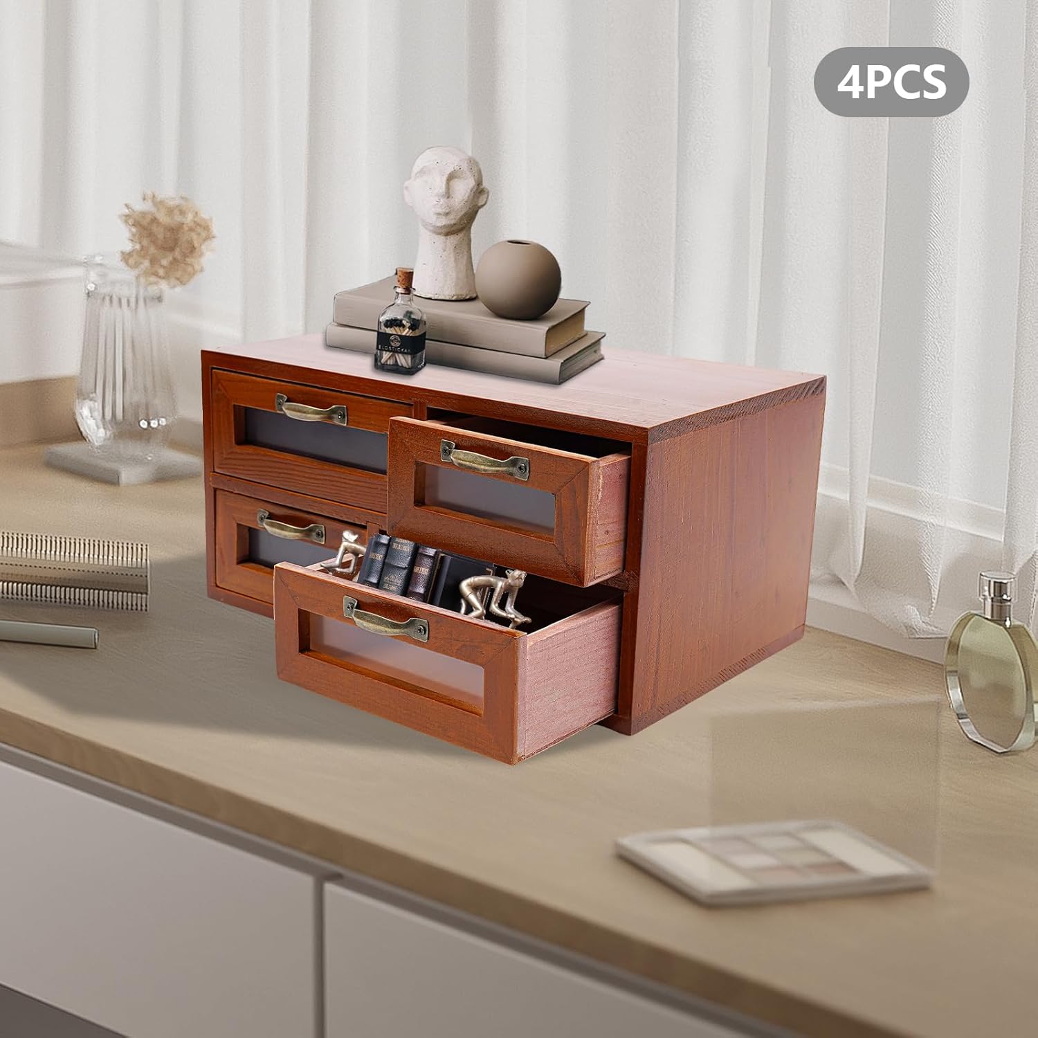 16 Drawer Wooden Storage Box, 4ps x 4 Drawers, Multi Drawer Organizer with Handle & Clear Window, Stackable or Standalone
