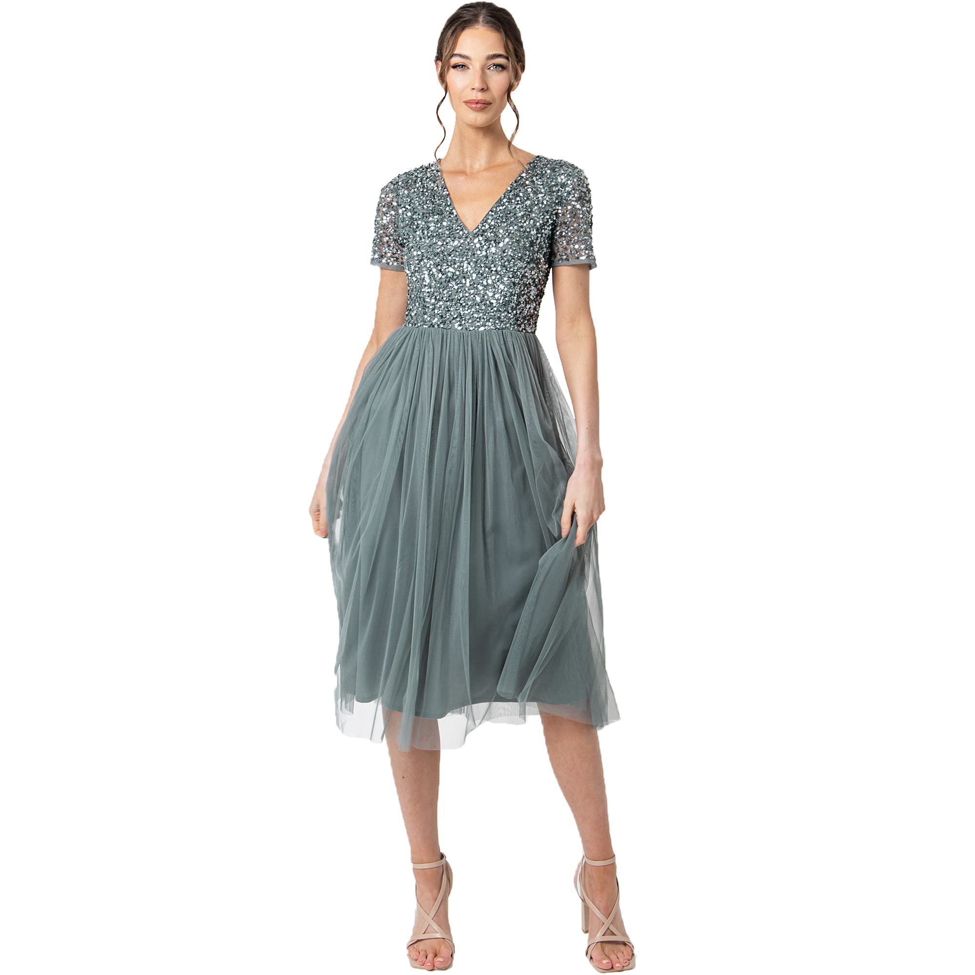 Maya Deluxe Embellished Midi Evening Dress Women Ladies V Neckline with Short Sleeve For Prom Wedding Vestido de Dama de Honor para Mujer