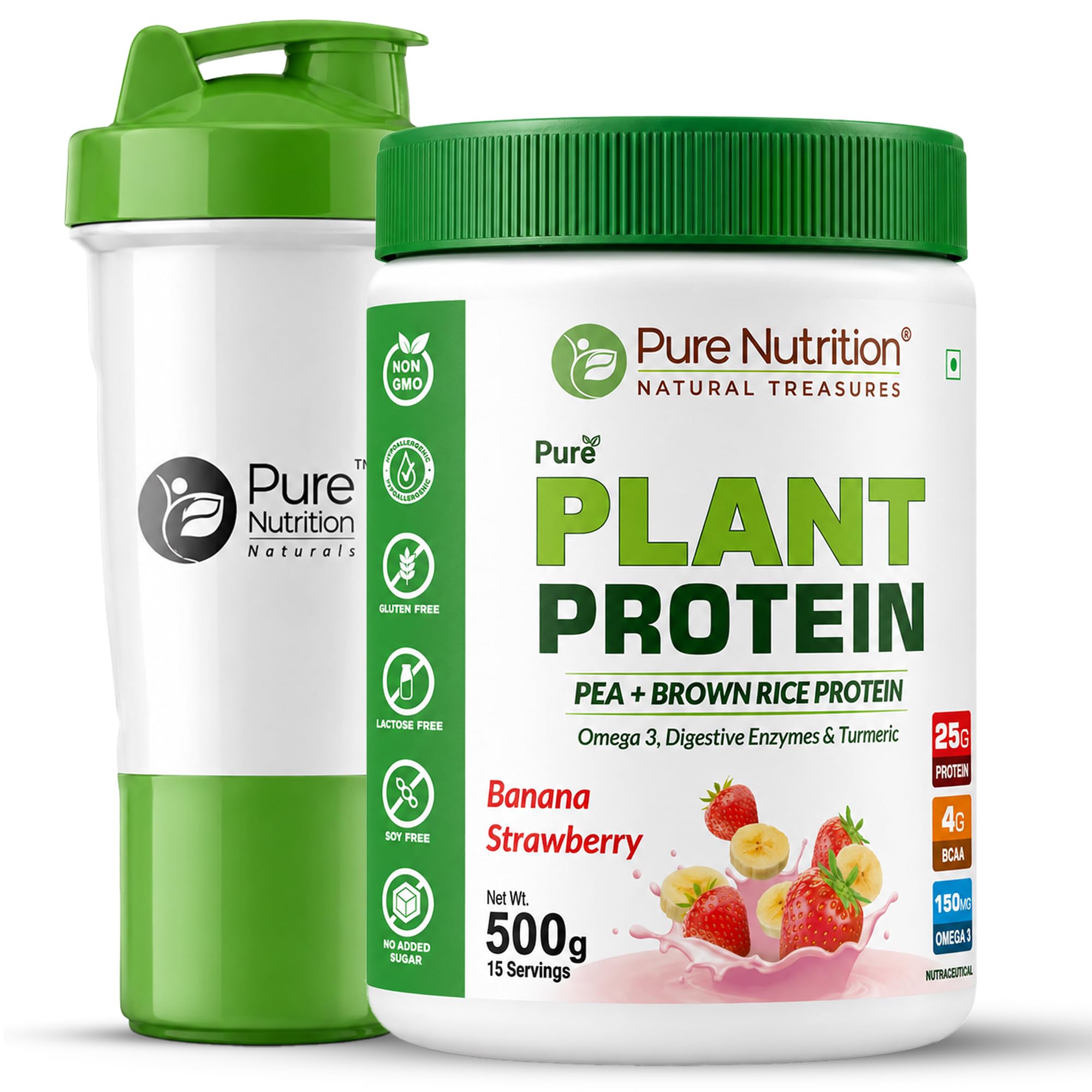 Pure Nutrition Plant Protein Powder | Vegan Protein Powder with Pea & Brown Rice Protein | 25g Plant Based Protein with Flaxseed Omega 3 & Digestive Enzymes | Lactose Free Protein Powder for Men & Women | Plant Protein Powder for Muscle Recovery, Strength & Daily Nutrition Support - 500g Banana & Strawberry Flavour — Amazon image 3