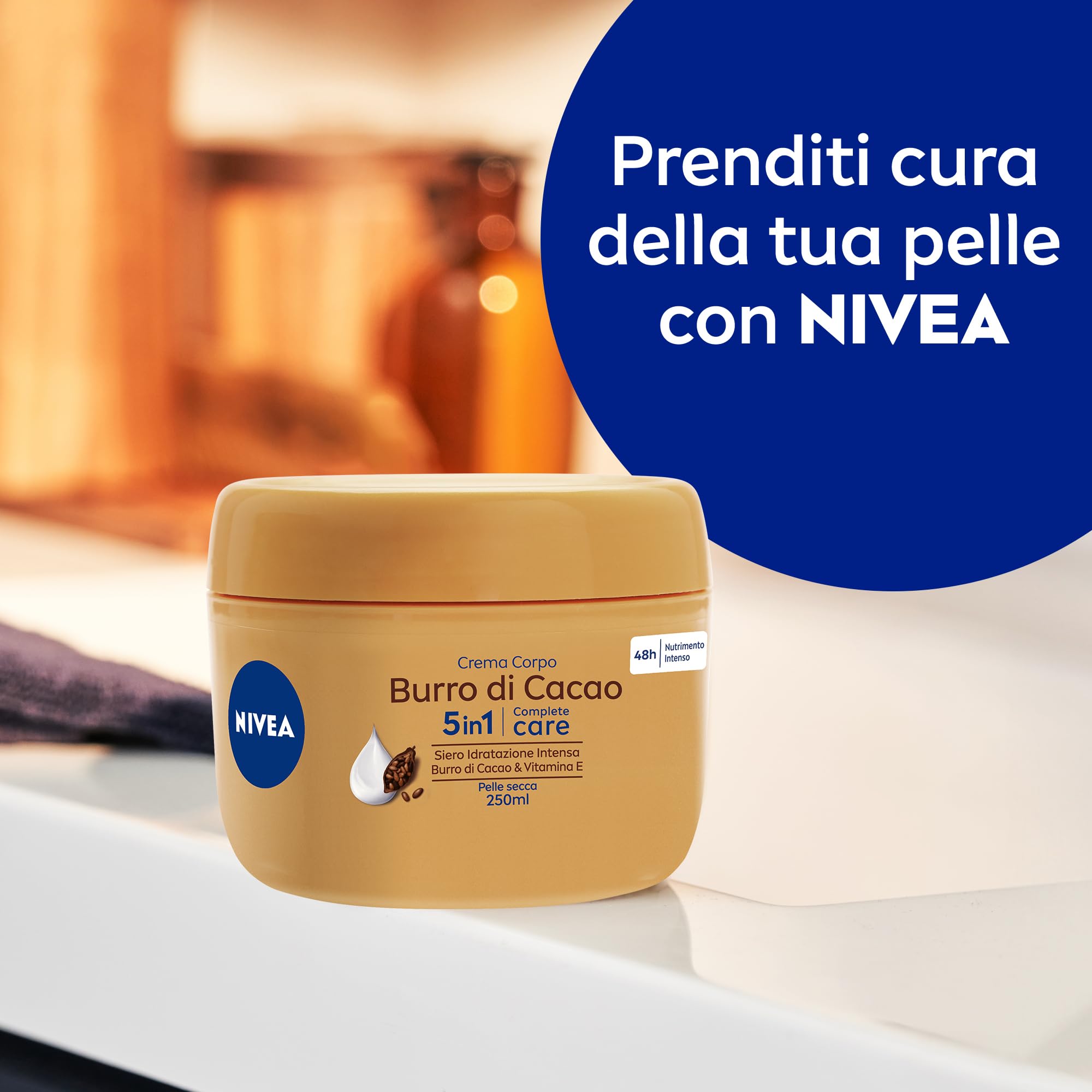 NIVEA Crema Corpo Burro di Cacao 250ml, Crema corpo idratante 48 ore per pelle secca arricchita con Siero Idratazione Intensa, Burro di Cacao & Vitamina E