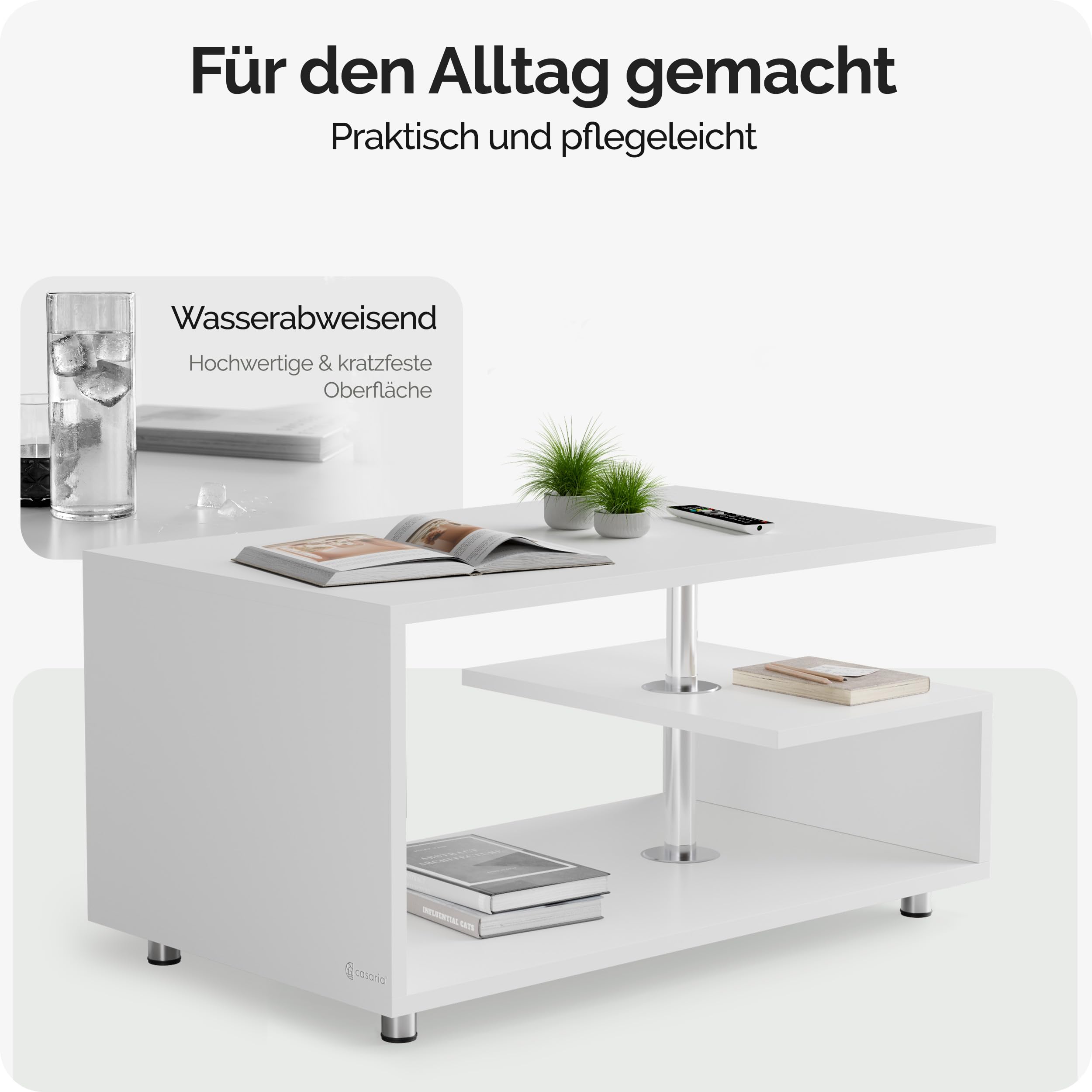 Casaria® Couchtisch Weiß Holz mit Stauraum 95x55cm Edelstahl Füße Höhenverstellbar Ablage Modern Rechteckig Beistelltisch Wohnzimmer Couch Sofa Tisch