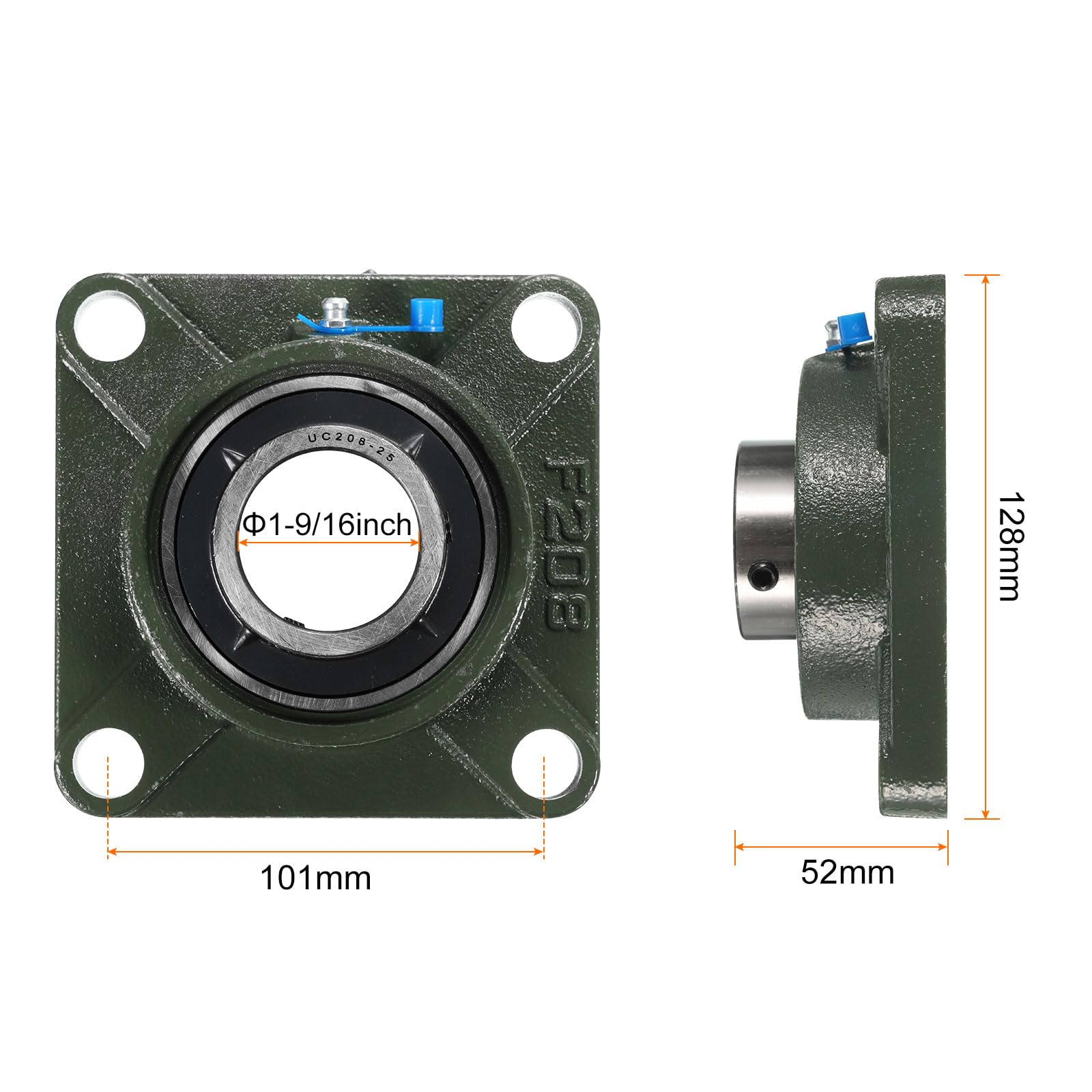 2pz UCF208-25 Cuscinetti a Blocchetto Cuscino con Foro 1-9/16 Pollici Autoallineanti, Cuscinetti Acciaio Cromato Montati Flangia Quadrata con Base Ghisa Solida