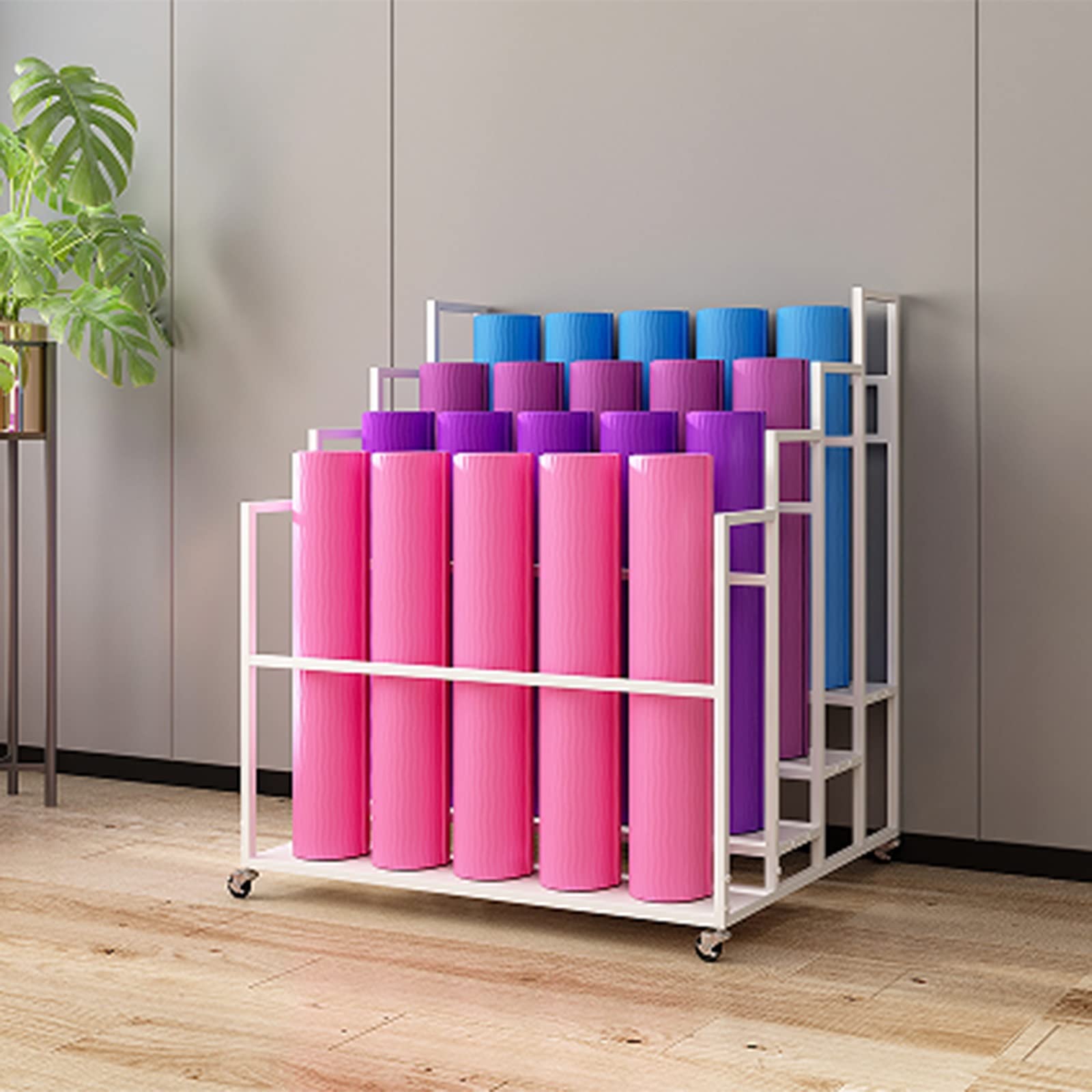 Estante grande para esterillas de yoga con ruedas, organizador de rodillos de espuma de 3-4 niveles para gimnasio y estudio, soporte comercial para esterillas de entrenamiento, blanco, 39,3 x 33,4 x