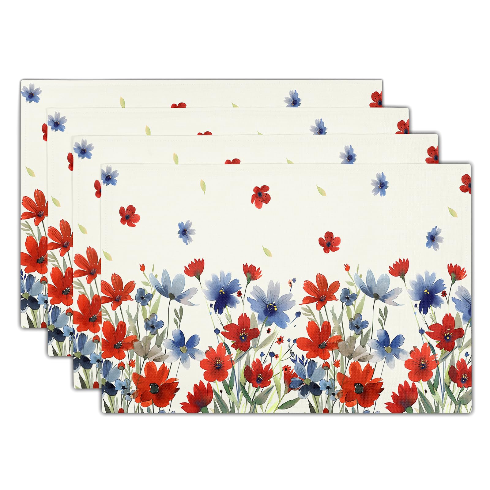 Kawani 4th of July Patriotic Red Blue Floral Placemats Set of 4 Independence Day Place Mats 12x18 Inch Table Mat for Home Kitchen Party Decor