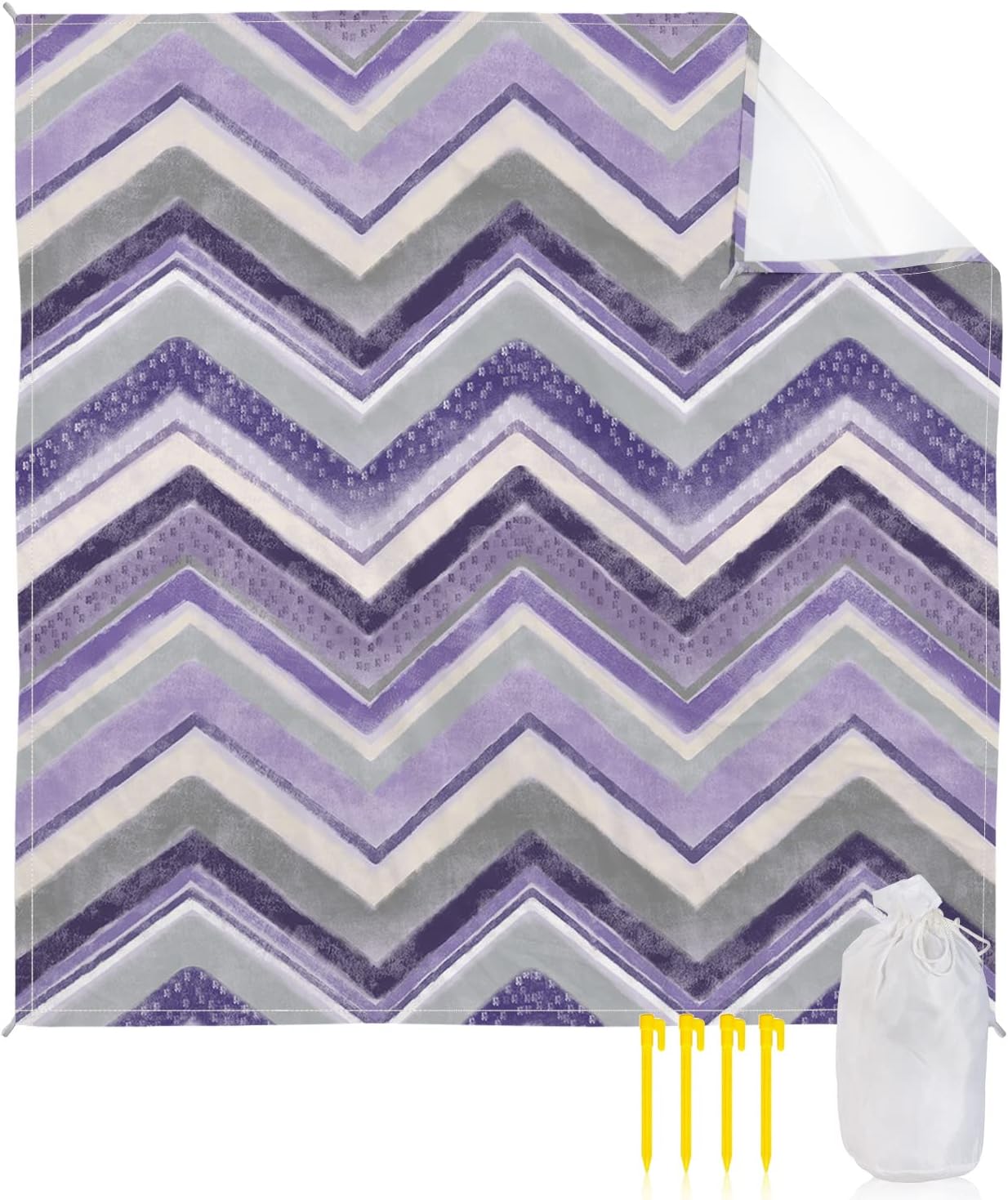 Watercolor Purple Lines Beach Blanket Waterproof Sandproof Outdoor Picnic Mat 83"x79" Northern Europe Zig Zag Stripe Lightweight Large Beaach Blankets with 4 Stake & 4 Corner Pockets
