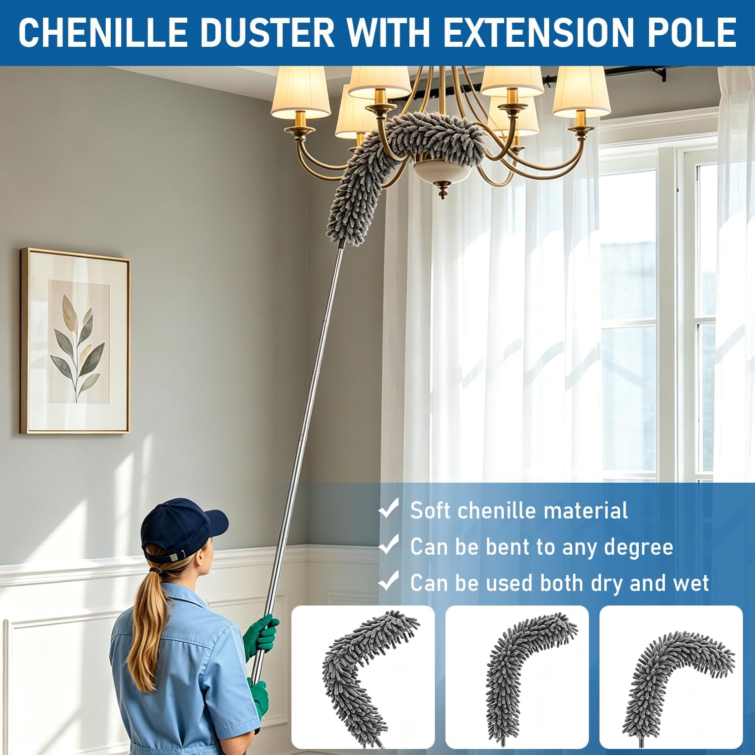Microfiber Feather Duster 6-in-1 Kit | Extendable Duster with 100" Pole | Washable Long Handle Duster Set for High Ceilings, Fans, Blinds