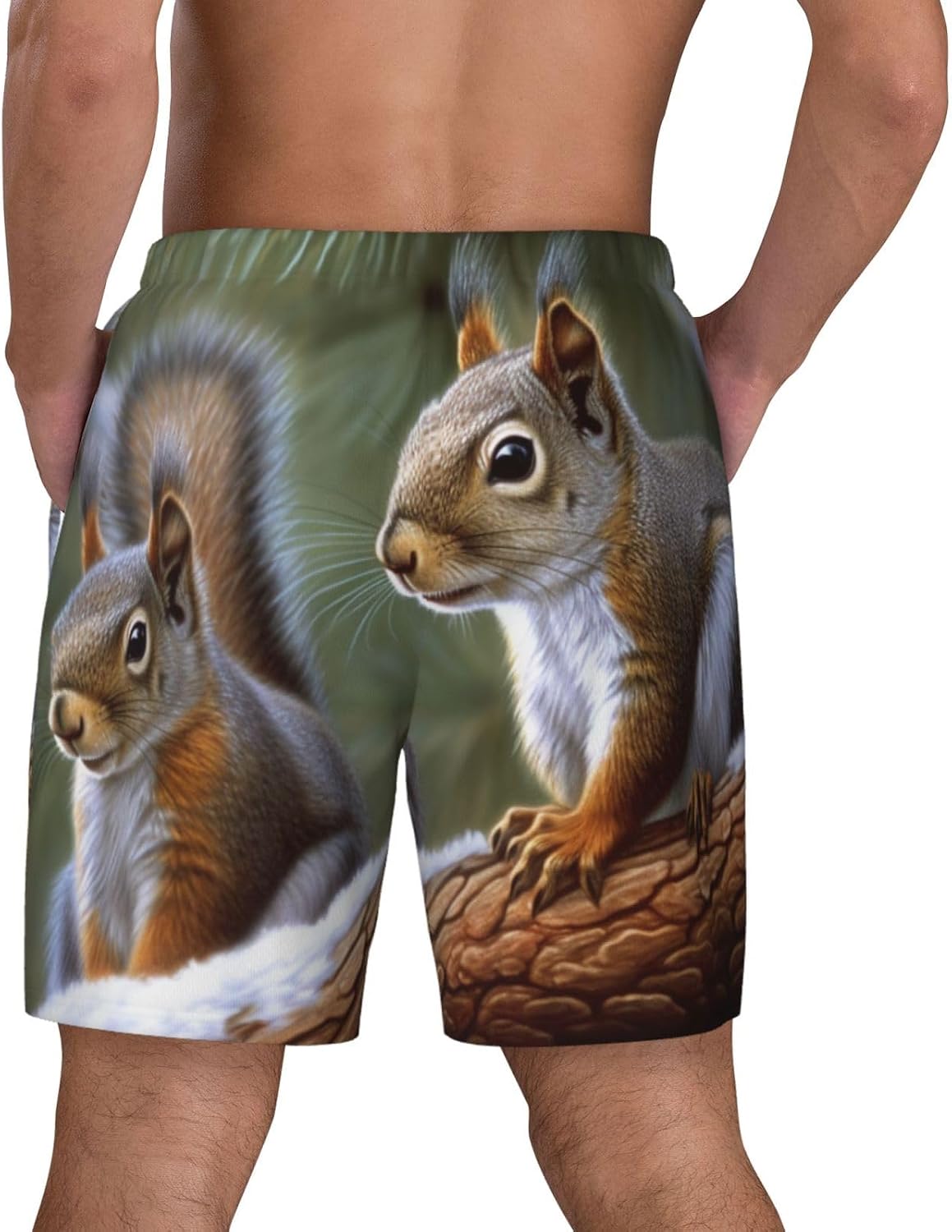 Men's Swim Trunks 2 in 1 Quick Dry Bathing Suits Little Squirrel Beach Board Shorts Swimwear