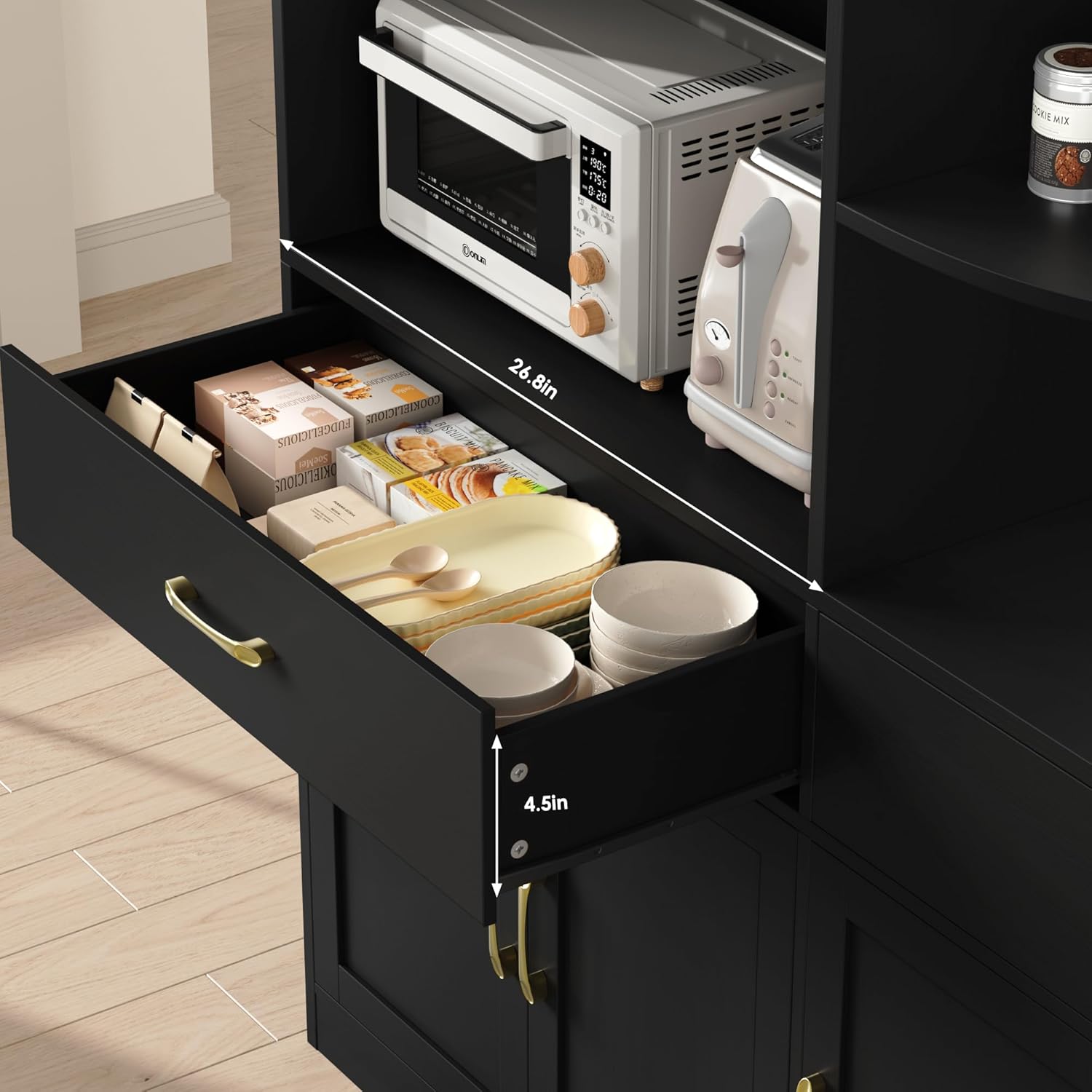 67" Kitchen Pantry Cabinet, Modern Kitchen Hutch with 5 Doors and 2 Drawers, 3-Tier External Shelf, Large Pantry Storage Cabinet with Microwave Stand for Dining Room, Black