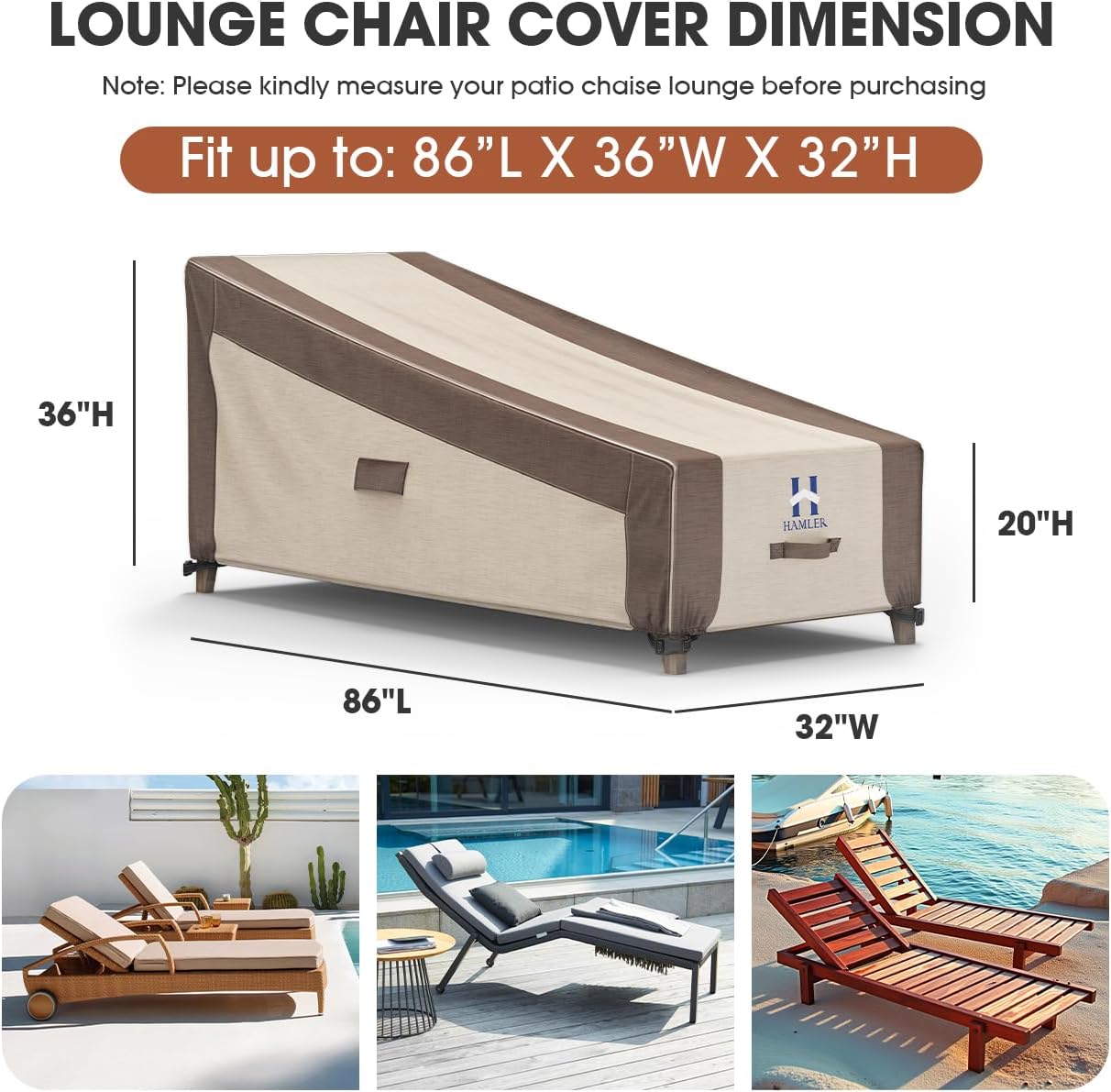 HAMLER Lounge Chair Cover, Heavy Duty Chaise Lounge Covers Outdoor Waterproof, Outdoor Furniture Covers for Patio Furniture Fits up to 86L x 36W x 32 H Inch, Brown & Beige