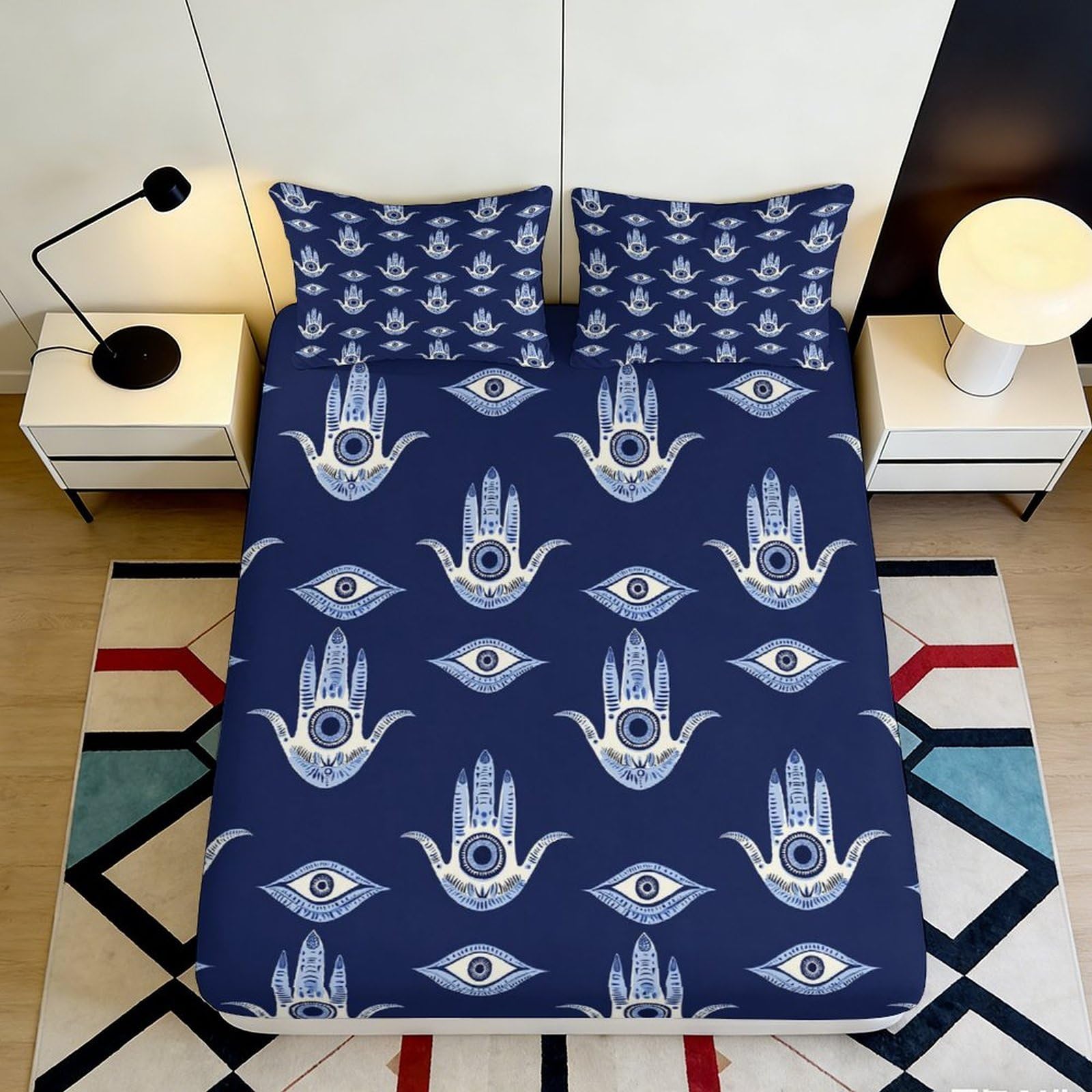 Pnayamiorkfel Style-1 3D Printed Hamsa Hand Fitted Sheet Microfiber Navy Blue Evil Eye Mattress Cover Anti-Slip Washable For Bedroom Guest Room Decor 90X200x25cm
