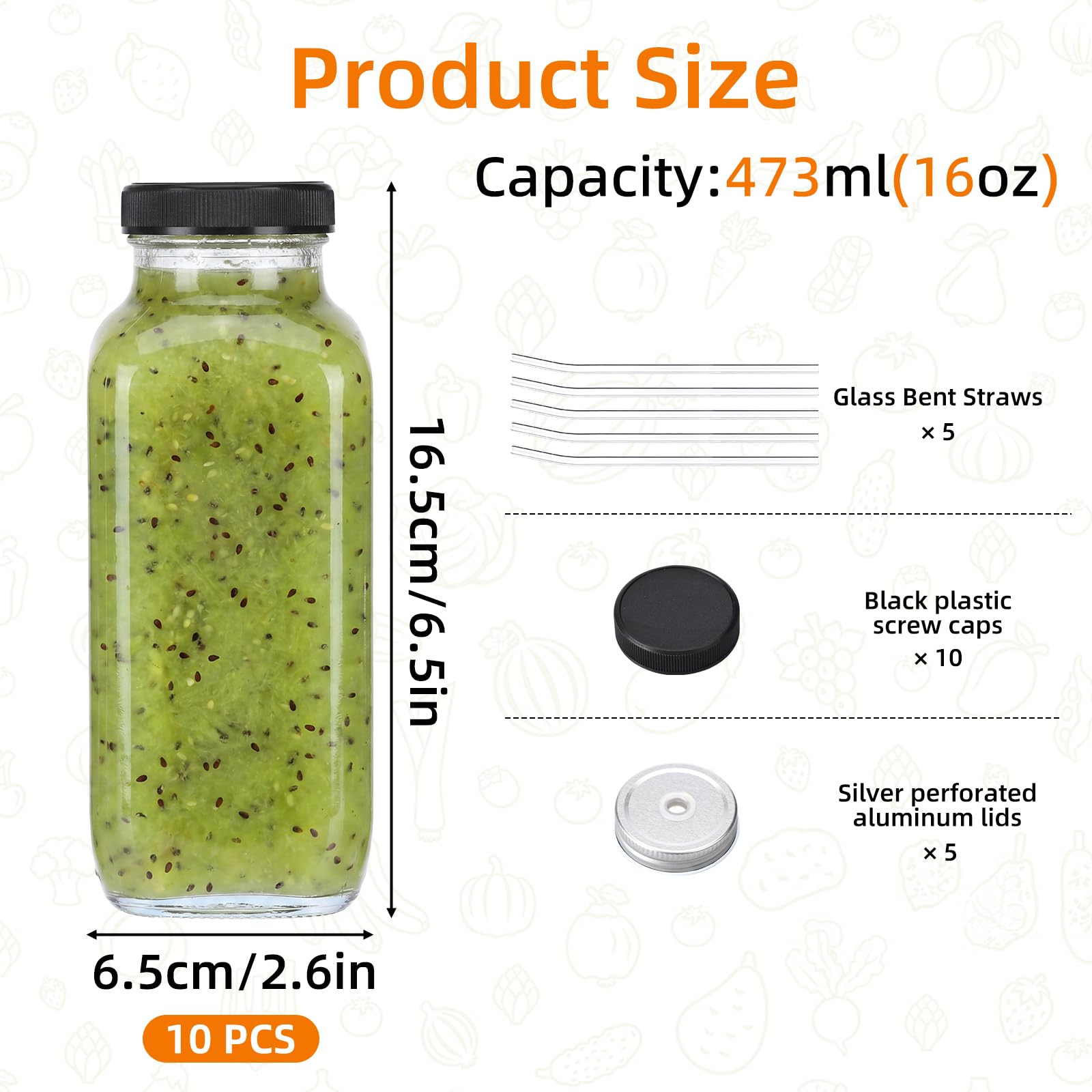 Tomnk 10pcs 16oz Glass Juice Bottles with Lids, Reusable Juice Containers Drinking Jars Water Cups with Brush, Glass Straws, Lids with Hole