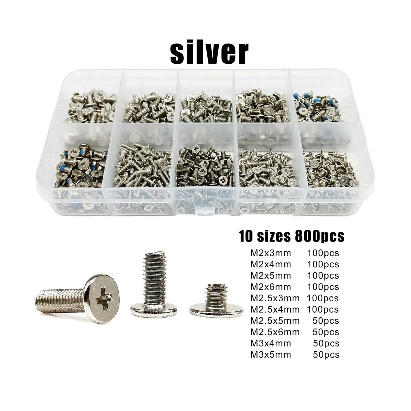 800 piezas de tornillos repuesto for ordenador portátil en caja M2.5 M3 Phillips cabeza oblea plana ultrafina Kit surtido sujetadores acero for computadora(Silver)