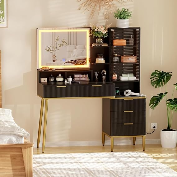 Modern Makeup Vanity Desk With HD Lighted Mirror&Power Outlet,Modern Glass Top Elegant Fluted Vanity Desk With Acrylic Protective Door,5 Drawers and Storage Shelf,Dressing Table for Bedroom(Black)