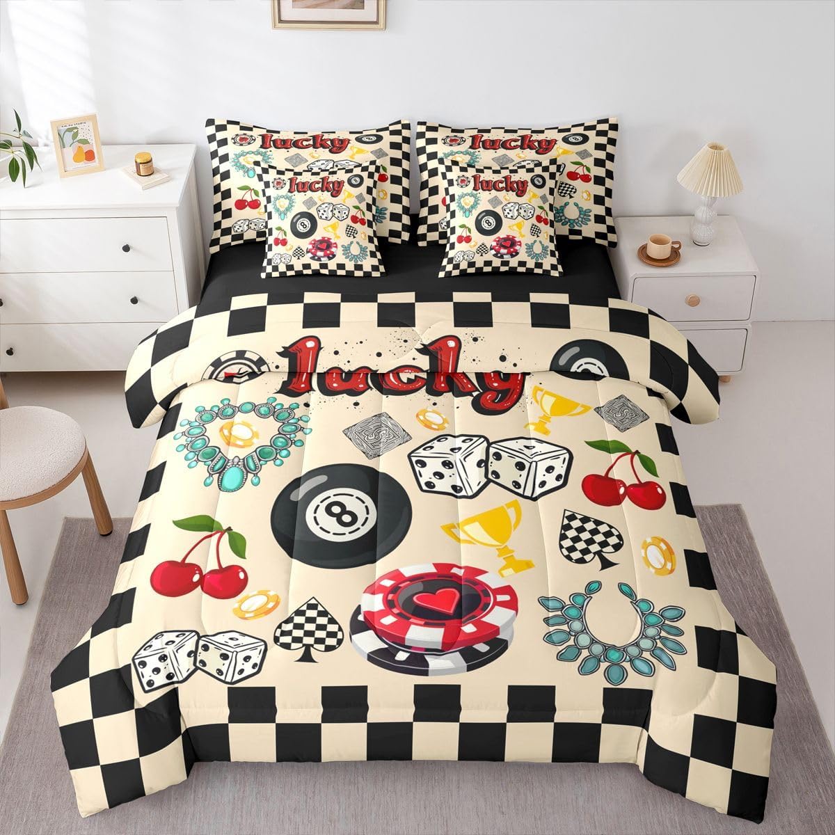 Erosebridal Y2K Modern Fashion Queen Bedding Set for Teen Girl Women | Leopard Lucky Ball Comforter Set Preppy Retro Zebra Cheetah Print 7-Piece Bed in a Bag Funky Y2K Trendy Quilt Sets