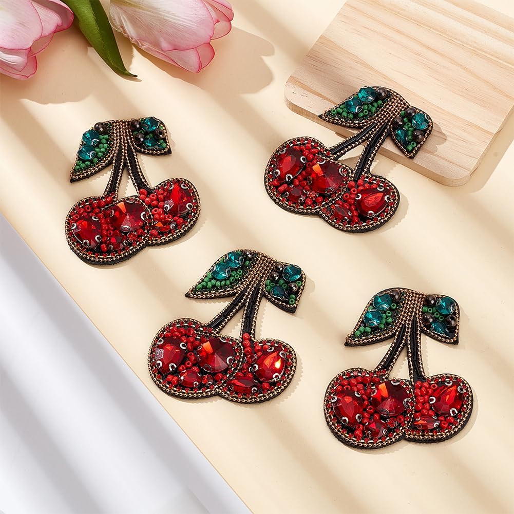 4 PCS Cherry Beaded Patches Sew on Cherries Rhinestone Patch Fruit Food Crystal Applique Red and Green Patches for DIY Clothing Repair Jeans Jackets Shoes Handbag Backpack