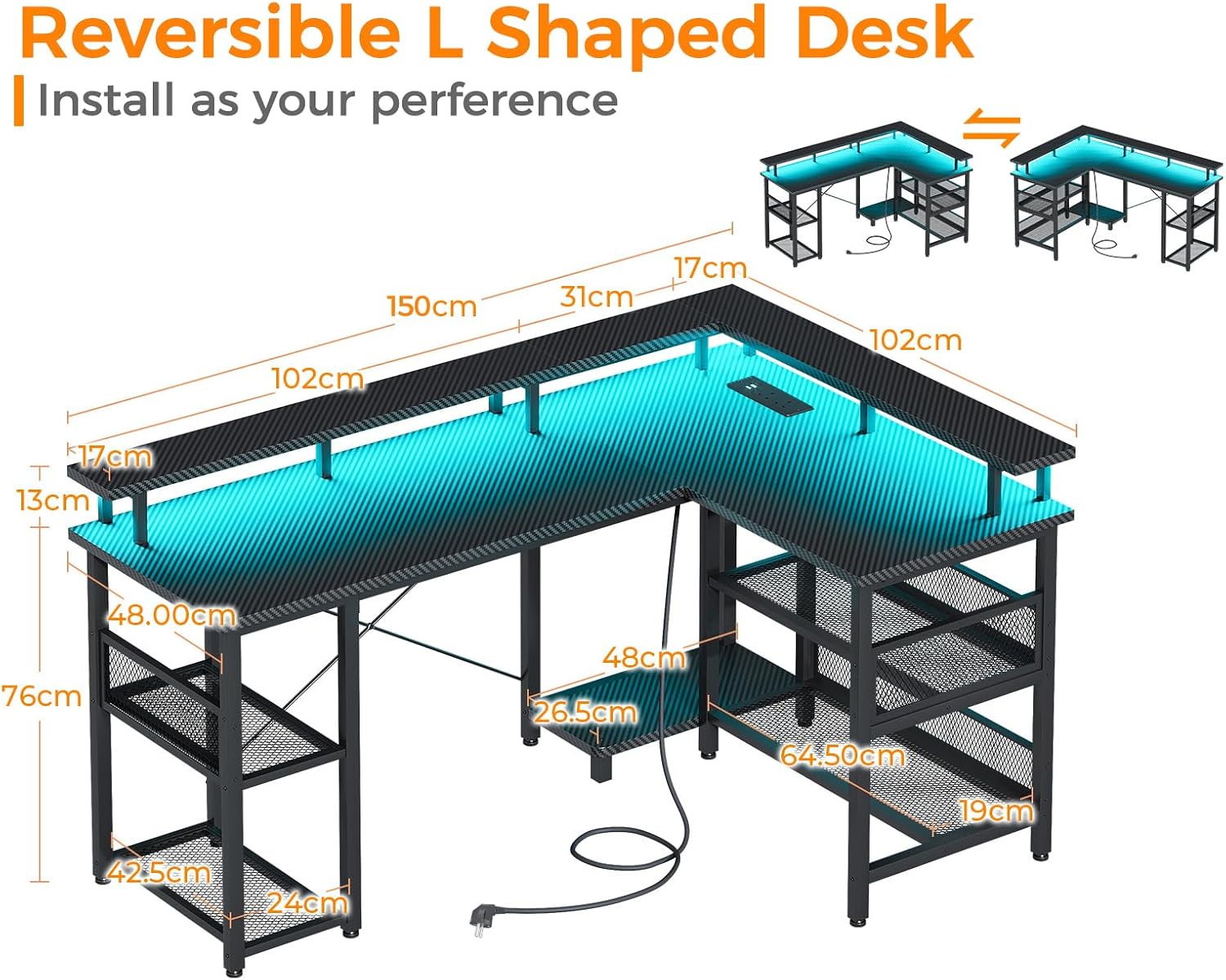 Diagram showing reversible L-shaped desk configuration and dimensions