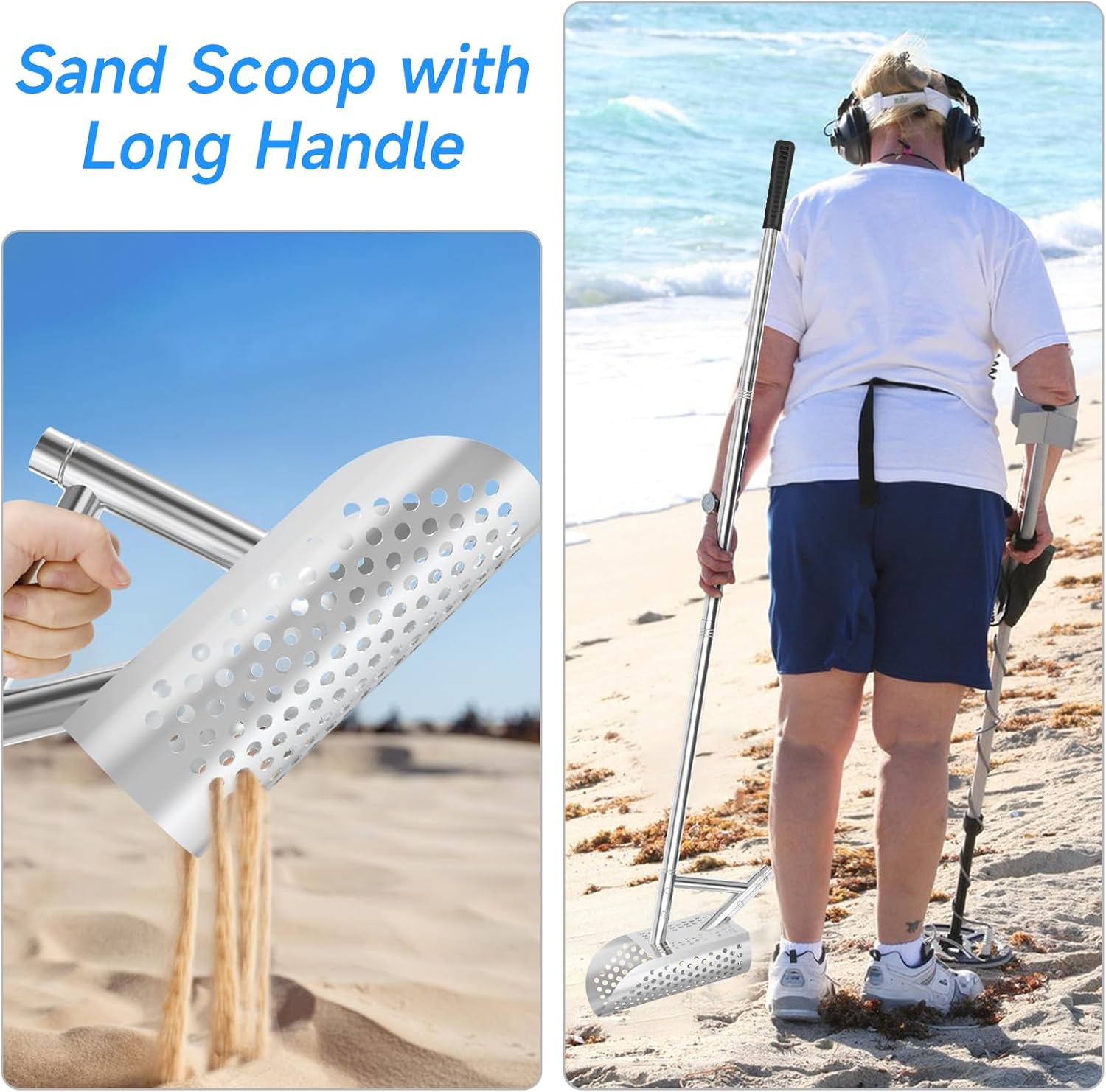 SANLIKE Sand Scoop for Metal Detecting for Adult,Heavy Duty Metal Detector Scoop, Stainless Steel Beach Scoop,Detecting Tool,Digging Shovel Fast Sifting Shovel（Bag + Sand Scoop+Sand Shovel）