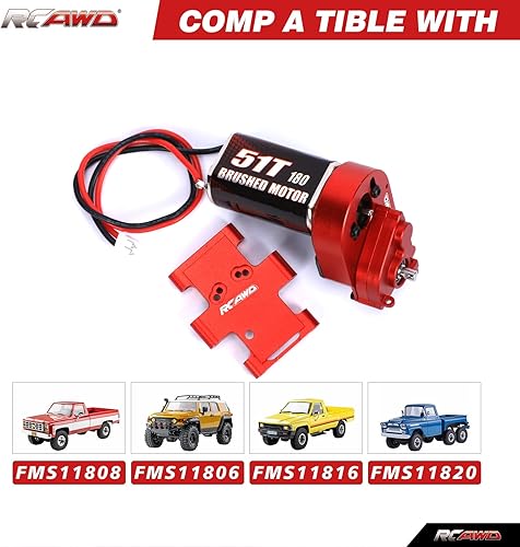 Miniatura 3 de RCAWD Transmisión de motor cepillado 180 montada 51T para 118 FMS EAZYRC ROC Hobby Crawlers Actualización Piezas Rojo