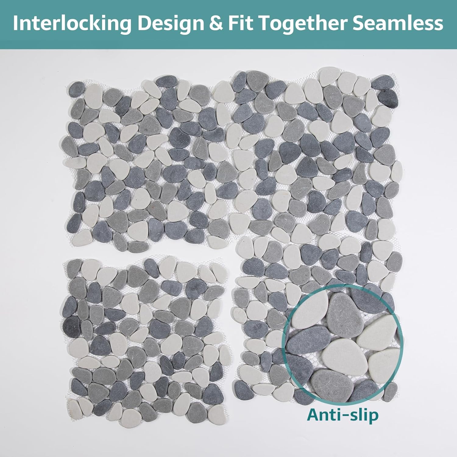 Pebble Tile for Shower Floor, Grey with White Pebble Mosaic Backsplash, Bathroom Shower Floor Kitchen Backsplash Tiles Pack of 5 Sheets