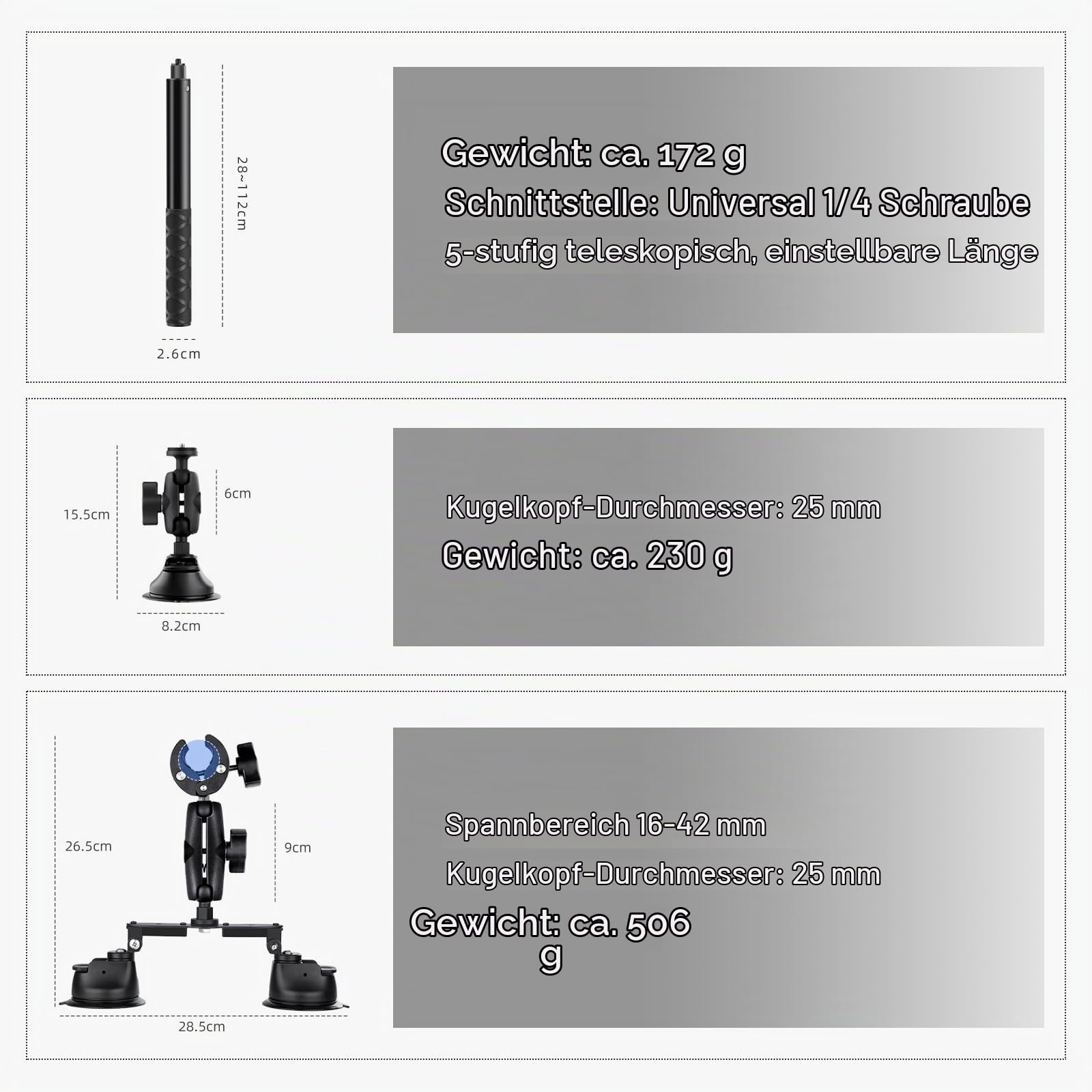 LIROPAU Dreifach-Saugnapf Kfz-Halterungs Set, Saugnapf Auto Halterung | für Insta360 Gopro Akaso Action Kamera, 112 cm Selfie Stick, Dreifach Saugnapfhalterung für Windschutzscheibe und Fenster