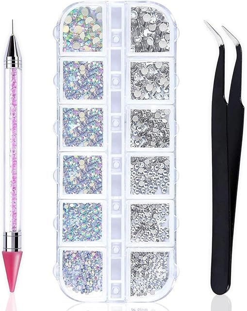 Flat Back AB Crystal Nail Art Rhinestones and Clear Crystal Rhinestones with Pick Up Tweezer and Rhinestone Picker Dotting Pen, Professional Nail Art Gems for Nail Salon (1500 PCS, 6 Sizes) (Pink)