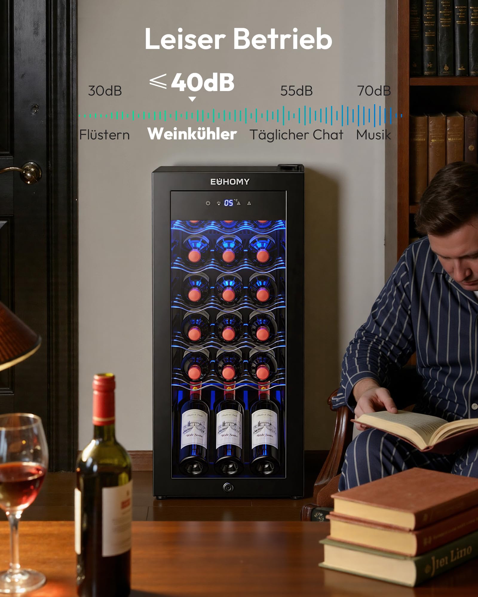 EUHOMY 45L Weinkühlschrank 18 Flaschen Freistehender Glastür Digitaler Temperaturregelung Schloss
